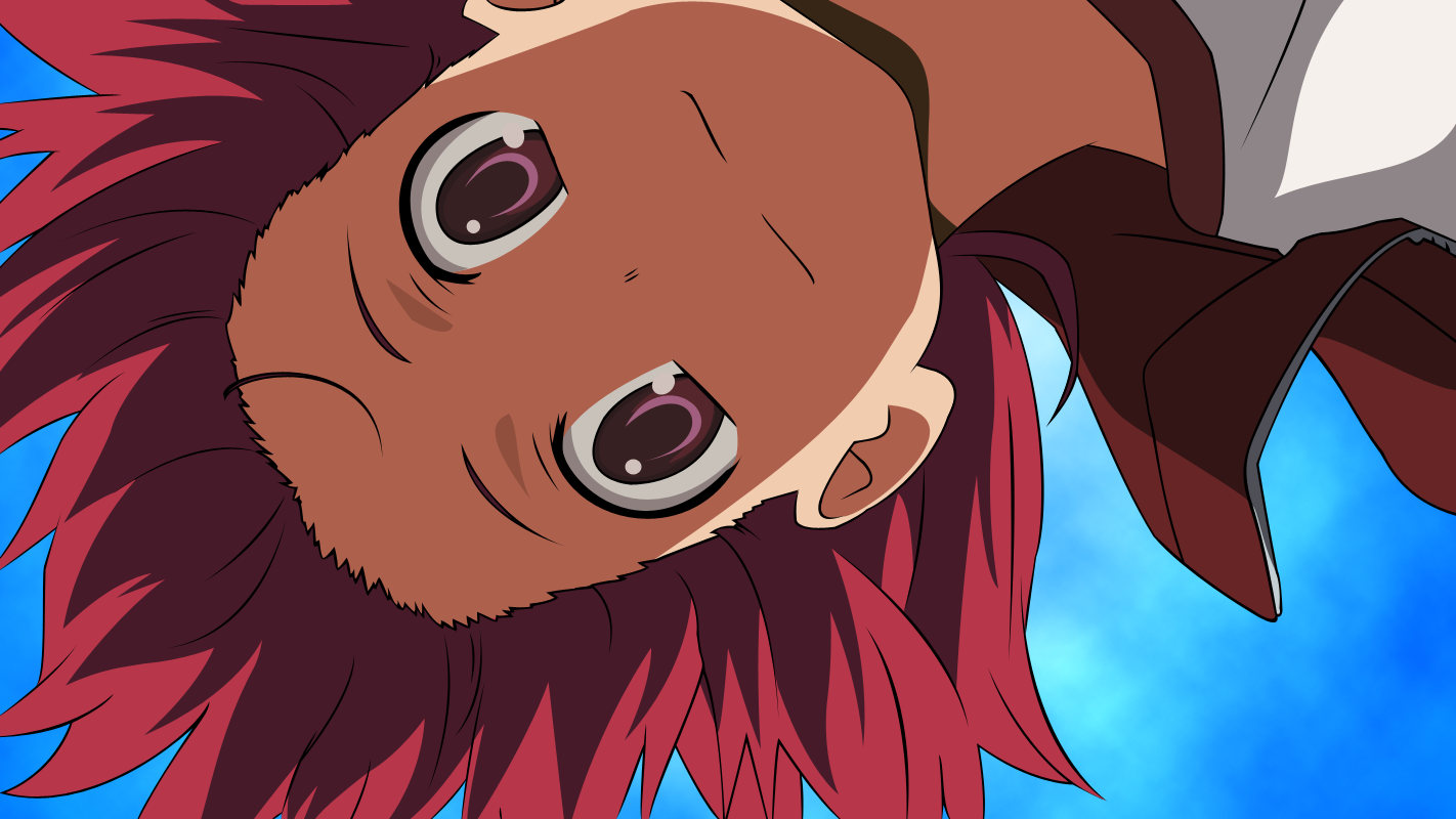 kushieda minori, toradora!, derivative work, vector trace, 00s, 1girl, close-up, female focus, from below, gym uniform, outdoors, purple eyes, red hair, short hair, sky, smile, solo, sport uniform, sportswear