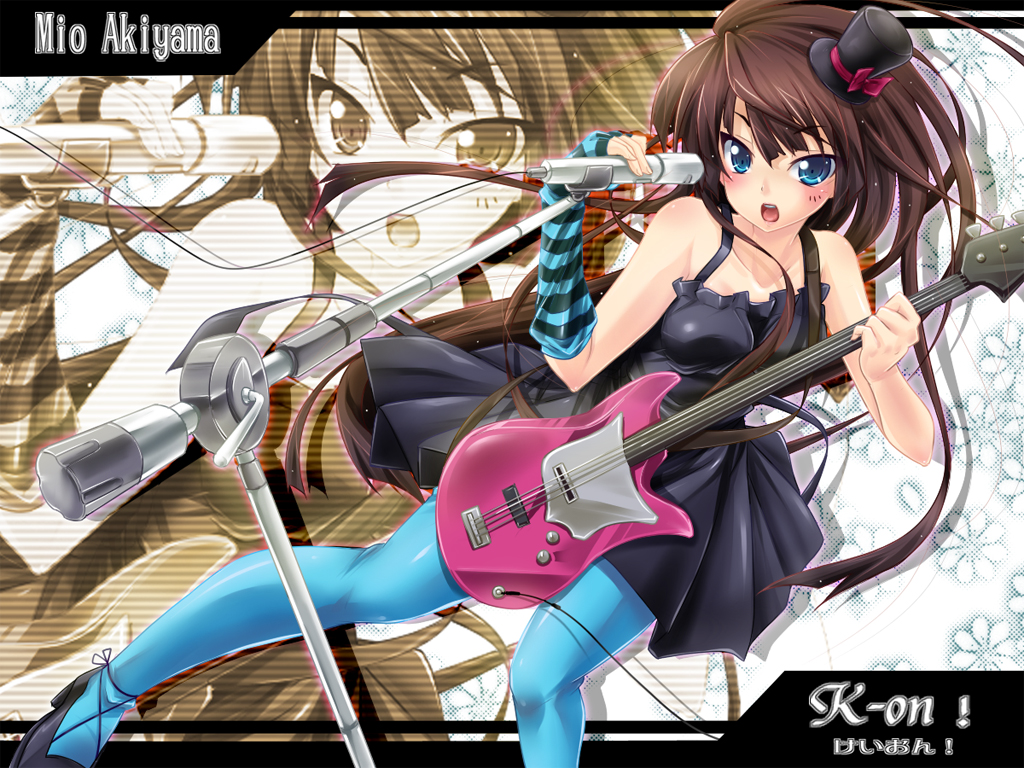 yukinon, yukinon (tsuki koubou), akiyama mio, don't say "lazy", k-on!, 00s, 1girl, bass guitar, blue eyes, blue pantyhose, blunt bangs, blush, brown hair, dress, female focus, guitar, hat, high heels, hime cut, instrument, long hair, microphone, microphone stand, mini hat, mini top hat, music, pantyhose, shoes, singing, solo, top hat