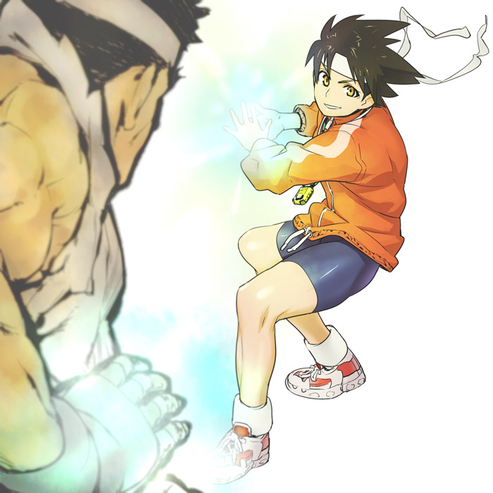 hamanasu, kasugano sakura, ryu (street fighter), capcom, street fighter, street fighter zero (series), bad id, bad pixiv id, 1990s (style), 1boy, 1girl, androgynous, bike shorts, black hair, dougi, hadouken, headband, retro artstyle, reverse trap, shoes, short hair, sneakers, tomboy, yellow eyes