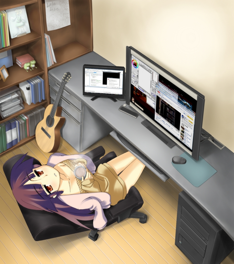 aramakisiro, kingumokemoke, original, painttool sai, youtube, bad id, bad pixiv id, 1girl, acoustic guitar, blunt bangs, brown eyes, chair, computer, computer keyboard, dress, female focus, from above, guitar, hime cut, instrument, long hair, on chair, purple hair, sitting, solo, swivel chair