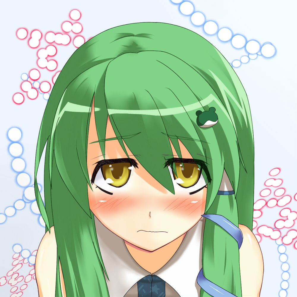 shyu-indigo, kochiya sanae, touhou, bad id, bad pixiv id, 1girl, blush, female focus, frog, green hair, grey background, long hair, snake, solo, yellow eyes