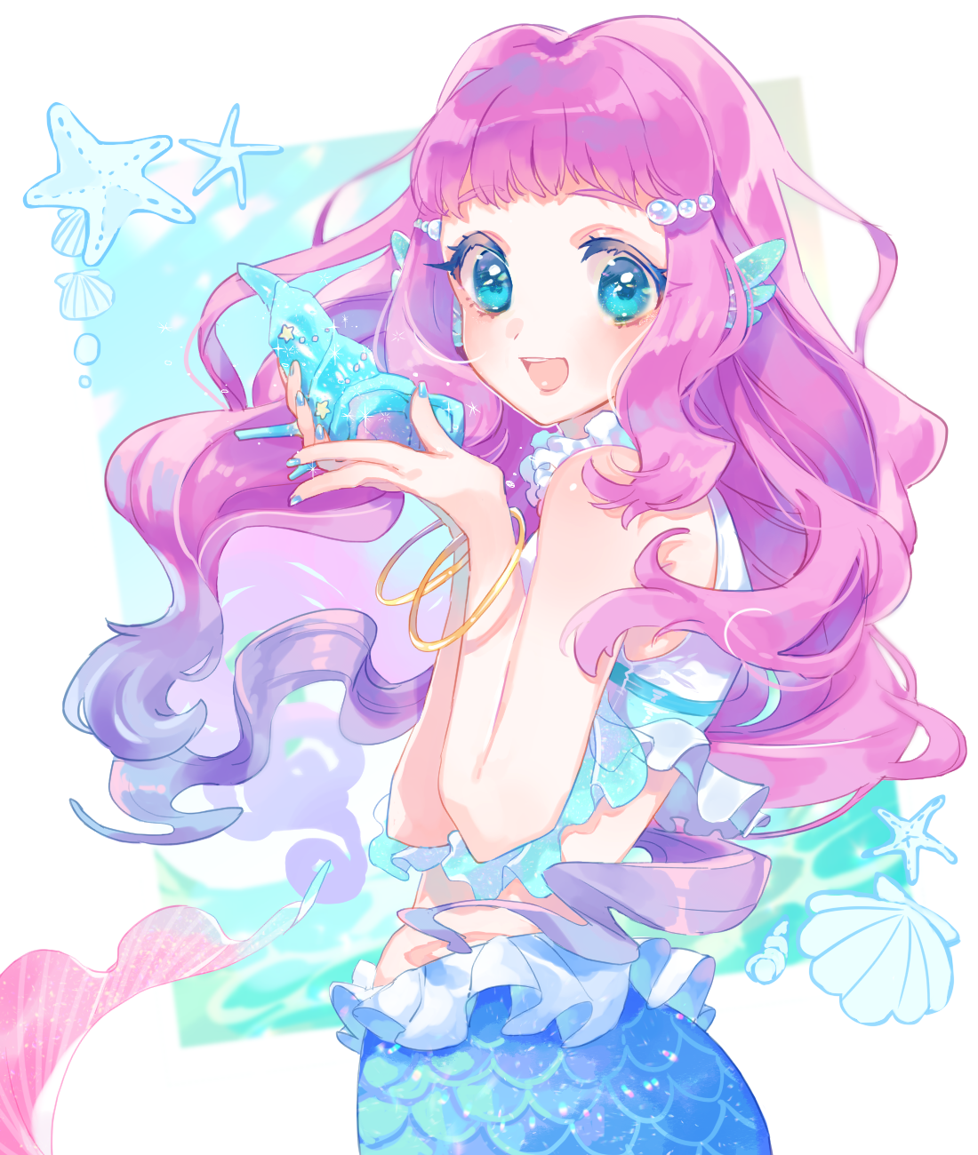 hibarisann, laura la mer, precure, tropical-rouge! precure, highres, 1girl, aqua nails, blue eyes, conch, crop top, from side, gem, jewelry, light blush, long hair, looking at viewer, mermaid, monster girl, open mouth, pearl (gemstone), seashell, shell, shirt, sleeveless, sleeveless shirt, smile, solo, starfish, very long hair