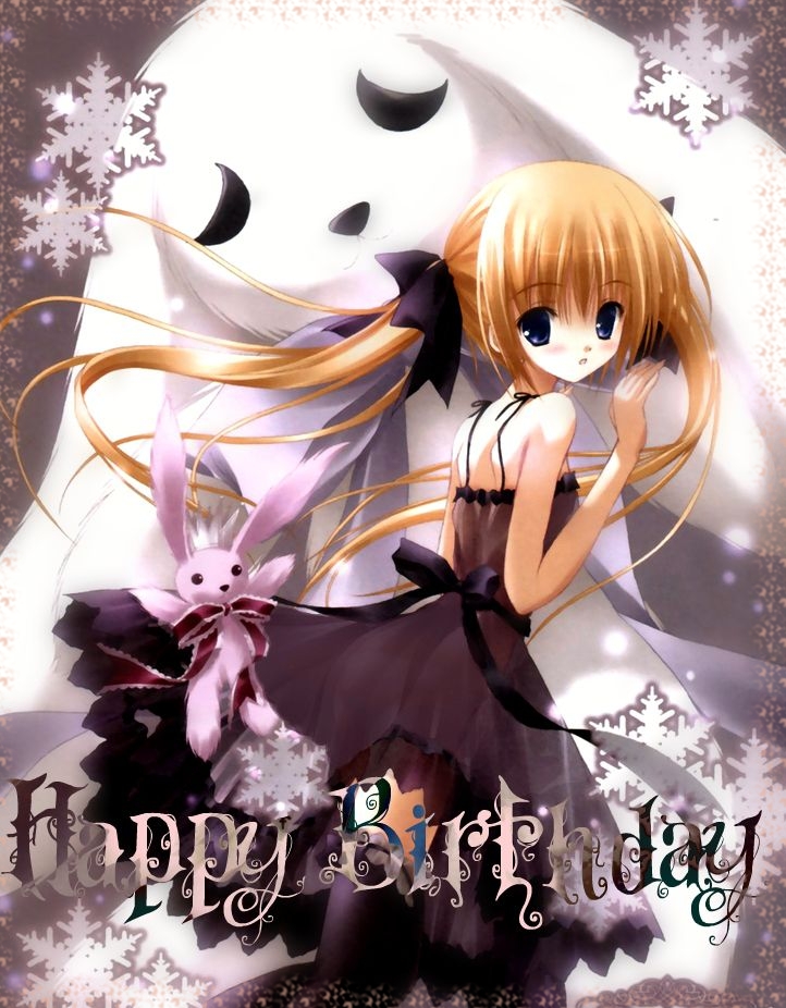 tagme, 1girl, :o, bare shoulders, black dress, black ribbon, black thighhighs, blonde hair, blue eyes, blush, bow, dress, english text, female focus, floating hair, from behind, ghost, hair bow, hair ribbon, happy birthday, hug, long hair, looking at viewer, looking back, rabbit, ribbon, see-through clothes, sleeveless, sleeveless dress, snowflakes, solo, standing, stuffed animal, stuffed rabbit, stuffed toy, thighhighs, twintails, zettai ryouiki