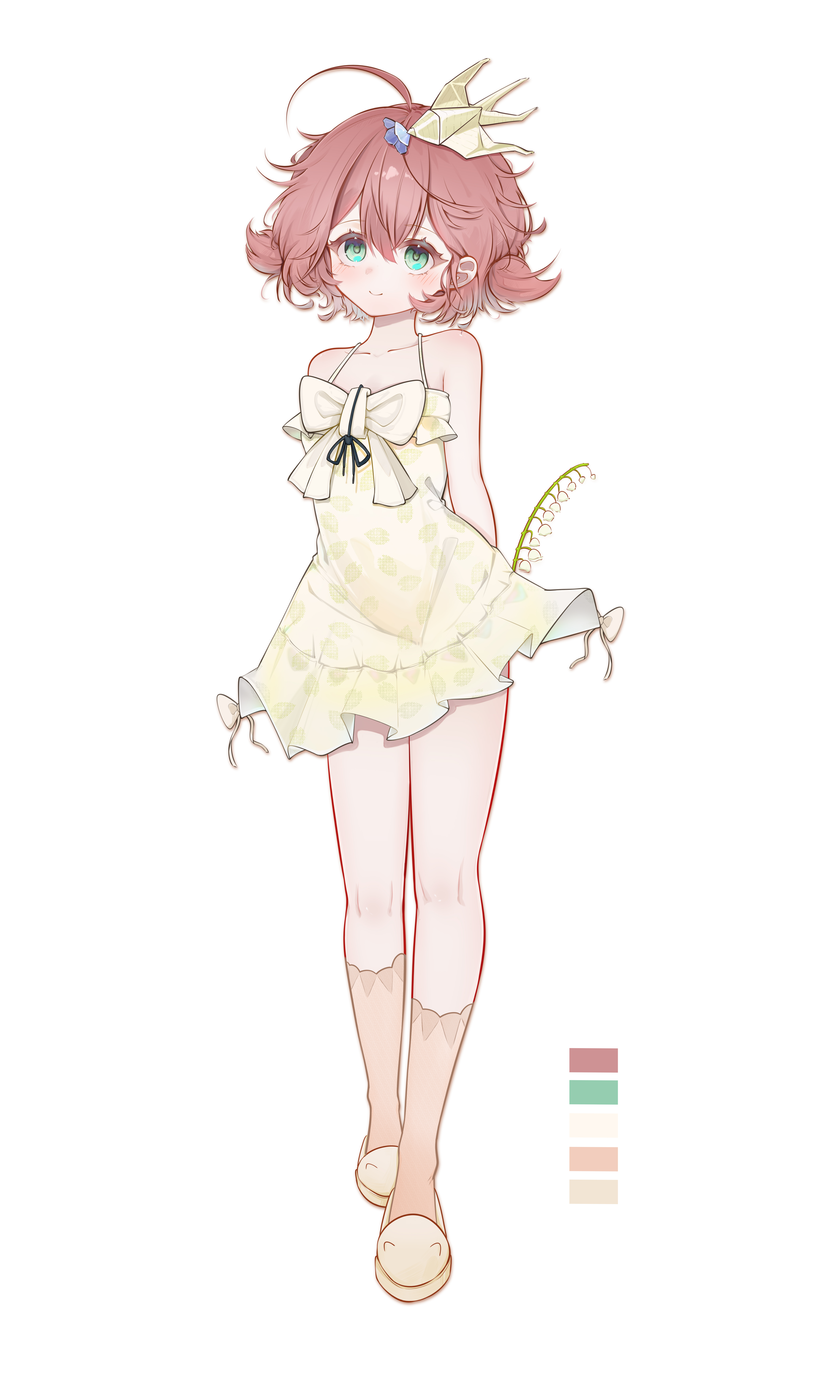 flutterpage, reverse:1999, absurdres, highres, 1girl, arms behind back, banbanban li, bare shoulders, blush, bow, brown socks, closed mouth, collarbone, color guide, dress, feet out of frame, flower, head out of frame, holding, holding flower, lily of the valley, pink hair, short hair, simple background, sleeveless, sleeveless dress, smile, socks, solo, standing, white background, white bow, white flower