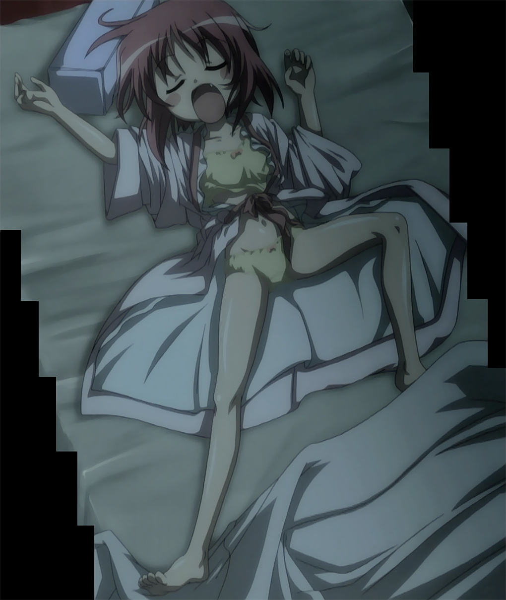 chouhi (koihime musou), koihime musou, anime screenshot, highres, stitched, third-party edit, 00s, 1girl, barefoot, bed, camisole, fang, female focus, loli, lying, midriff, navel, open mouth, panties, red hair, short hair, sleeping, solo, underwear