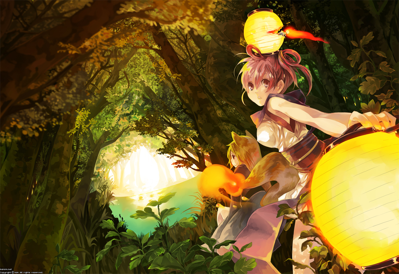 kaninn, kry, light, bad id, bad pixiv id, 2girls, animal ears, forest, lamp, multiple girls, nature