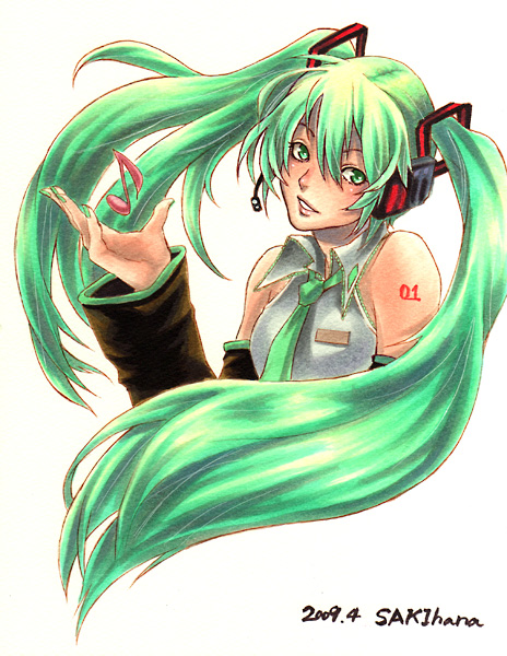 nabeya sakihana, hatsune miku, vocaloid, bad id, bad pixiv id, traditional media, 1girl, female focus, green eyes, green hair, matching hair/eyes, musical note, solo, twintails