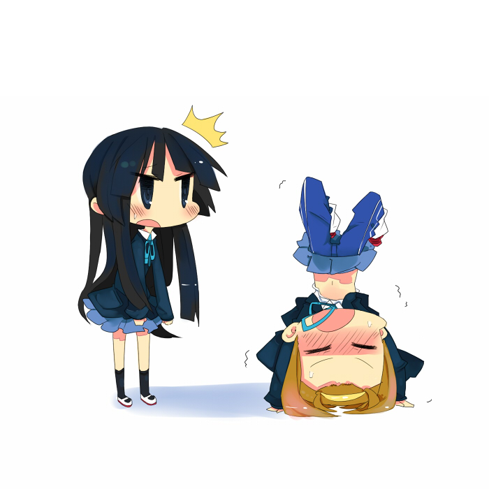 kanikama, akiyama mio, tainaka ritsu, k-on!, 00s, 2girls, ^^^, blunt bangs, blush, chibi, denim, headstand, hime cut, jeans, multiple girls, pants, school uniform, shoes, surprised, upside-down, uwabaki