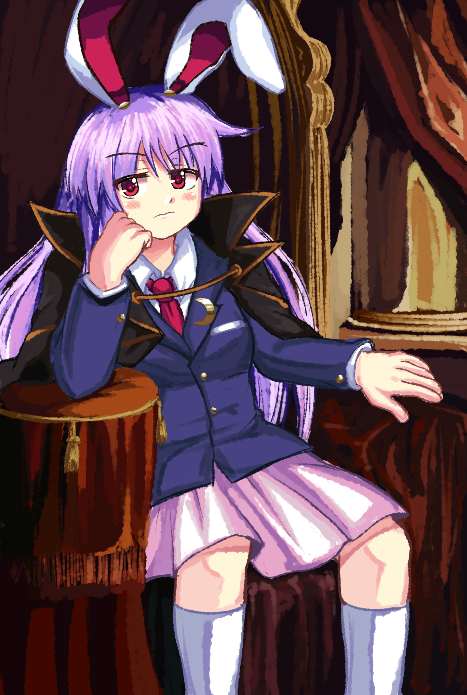 soldierburger, reisen udongein inaba, ushiromiya battler, touhou, umineko no naku koro ni, highres, 1girl, animal ears, blazer, cosplay, crescent, crescent pin, jacket, necktie, parody, pink skirt, portrait, purple hair, rabbit ears, rabbit girl, red eyes, red necktie, skirt, ushiromiya battler (cosplay)