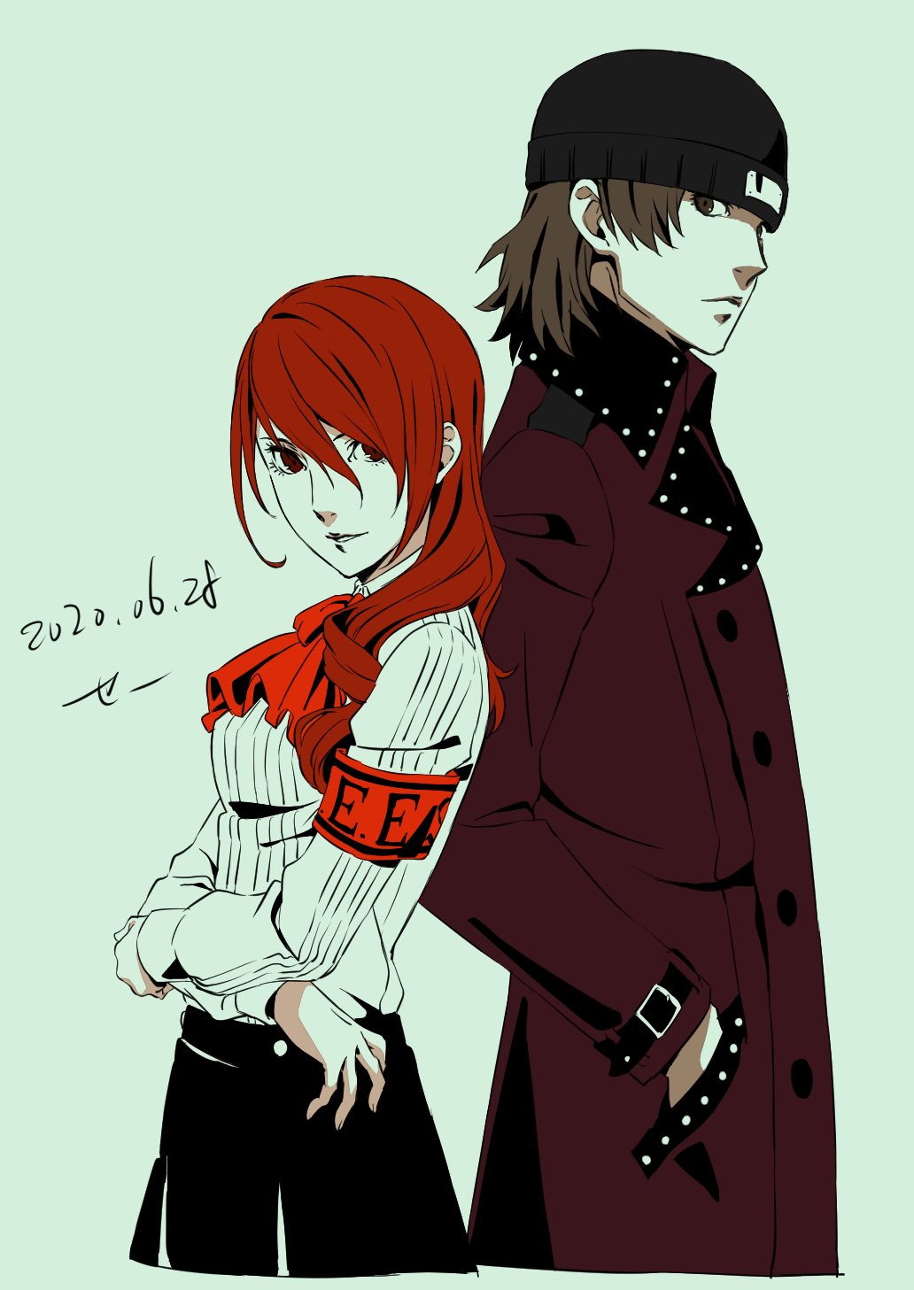 komatsubara sei, aragaki shinjirou, kirijou mitsuru, persona, persona 3, highres, 1boy, 1girl, beanie, black skirt, bow, brown eyes, gekkoukan high school uniform, hair over one eye, hat, long hair, looking at viewer, red eyes, red hair, school uniform, simple background, skirt, smile, white background