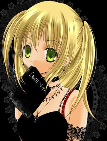 amane misa, death note, lowres, 00s, blonde hair, choker, cross, cross necklace, earrings, green eyes, jewelry, necklace