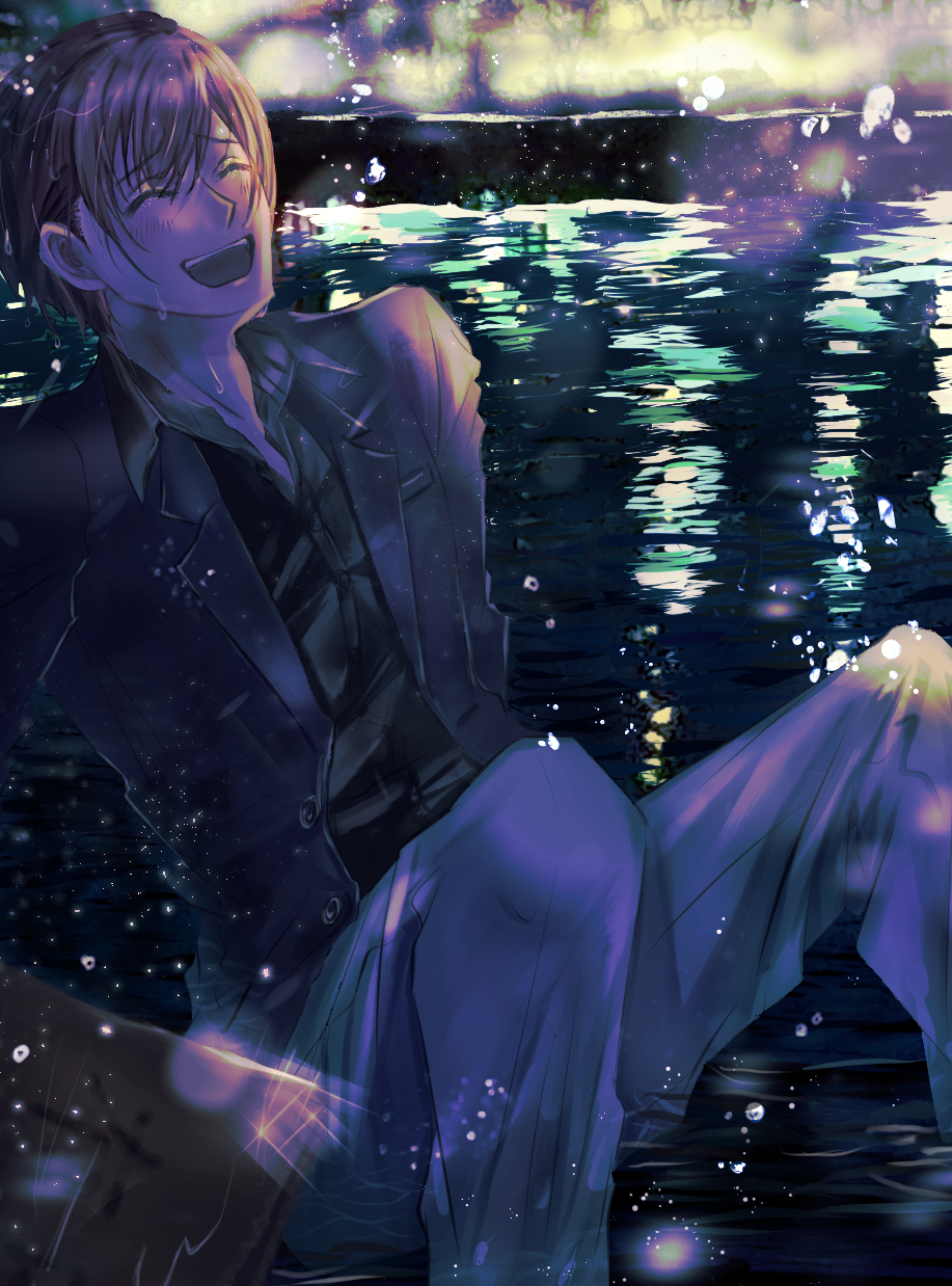miiizuno lbs, natsume kyousuke, little busters!, commentary request, highres, 1boy, :d, ^ ^, alternate costume, backlighting, black jacket, black shirt, blue pants, blush, brown hair, casual, closed eyes, collared shirt, denim, dress shirt, feet out of frame, furrowed brow, hair between eyes, happy, jacket, jeans, knees up, laughing, light particles, male focus, night, open clothes, open jacket, open mouth, outdoors, pants, shirt, short hair, sitting, smile, solo, sparkle, teeth, upper teeth only, water, wet, wet hair