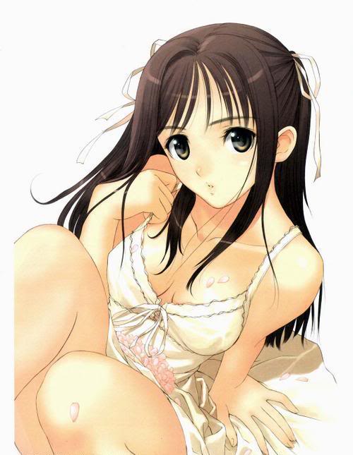 tagme, 1girl, :o, arm support, bare shoulders, black eyes, breasts, brown hair, cleavage, collarbone, dress, female focus, hair ribbon, knees up, long hair, looking at viewer, medium breasts, parted lips, ribbon, sitting, sleeveless, solo, sundress, white background, white dress