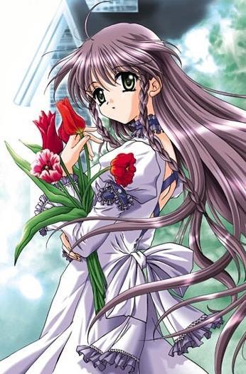 tagme, braid, dress, flower, green eyes, long hair, purple hair, white dress