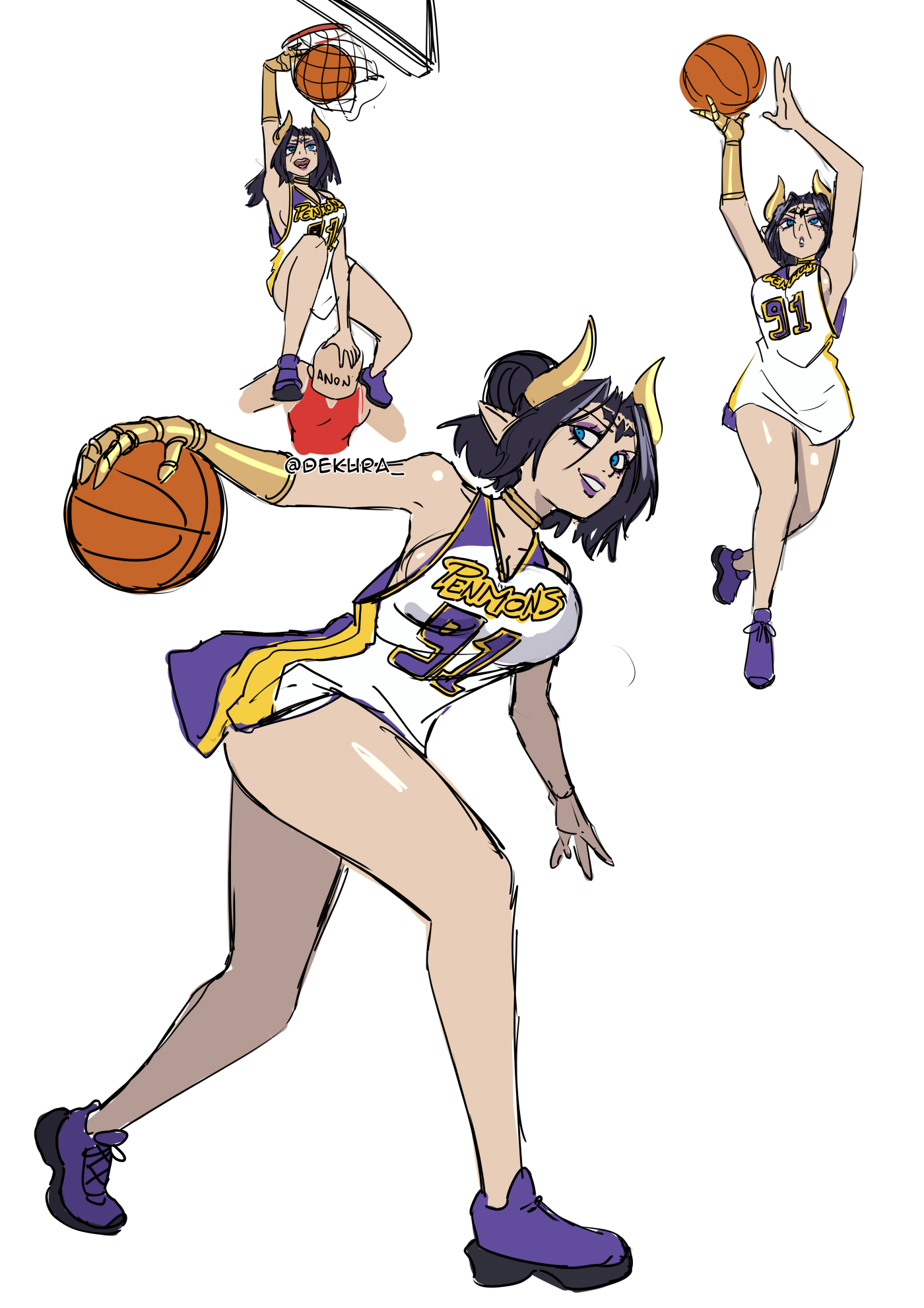 dekura, lilithmon, digimon, highres, 1girl, ball, bare shoulders, basketball, basketball (object), basketball jersey, basketball uniform, bat tattoo, black hair, blue eyes, breasts, cleavage, demon, demon girl, demon horns, digimoji, digimon (creature), dribbling (basketball), eyeshadow, facial mark, fallen angel, forehead mark, forehead tattoo, holding, holding ball, horns, large breasts, looking at viewer, makeup, playing sports, pointy ears, purple eyeshadow, purple lips, shoes, short hair, shorts, sneakers, solo, sportswear, tattoo