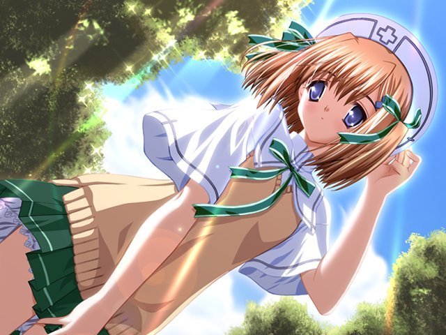 blue eyes, brown hair, hat, school uniform, short hair