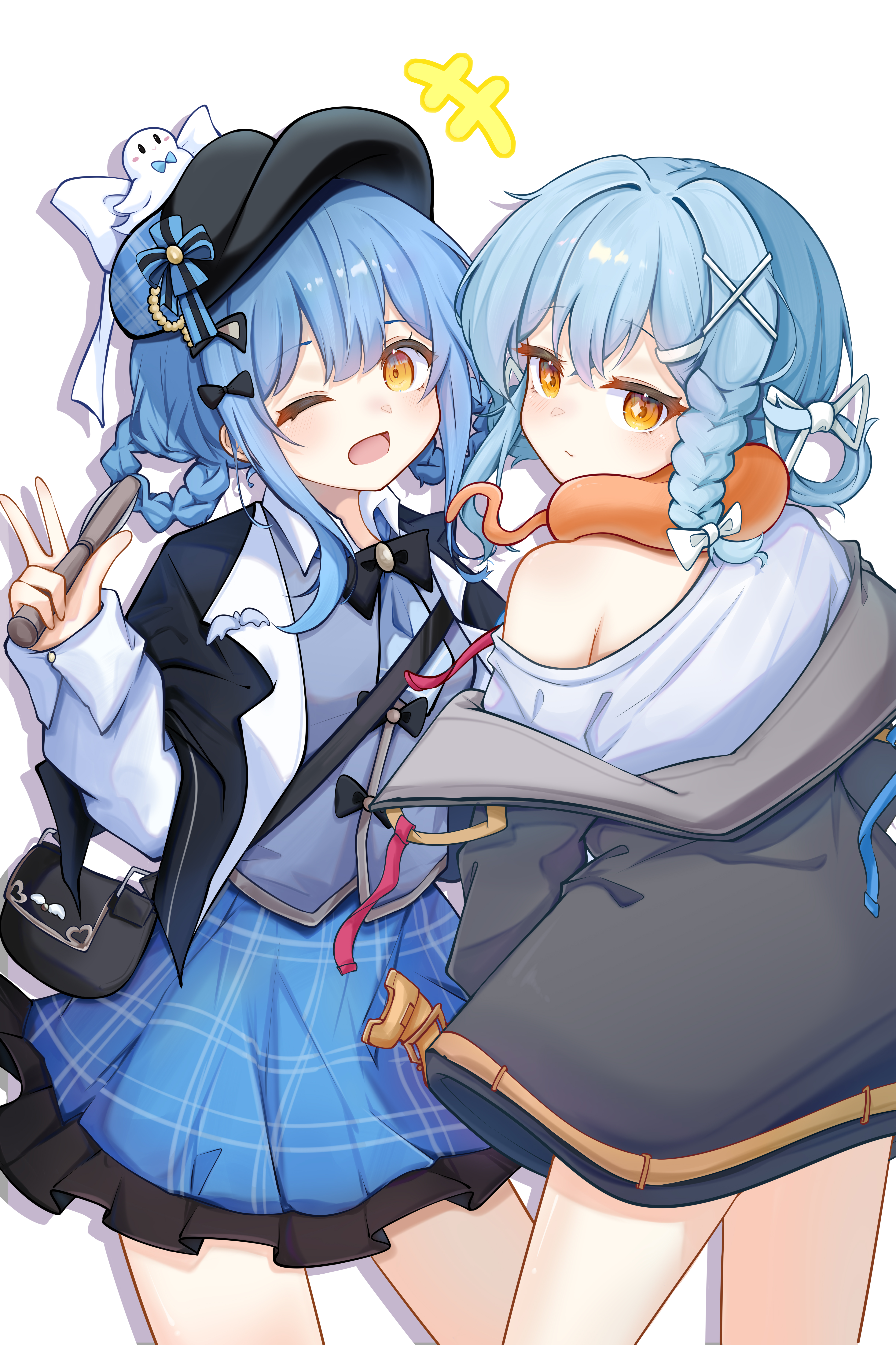 tachibana sherry, mahou shoujo no majo saiban, original, absurdres, highres, 2girls, bag, banbanban li, black bow, blue hair, bow, braid, hair ornament, hair rings, handbag, hat, holding, jacket, looking at viewer, multiple girls, off shoulder, one eye closed, open mouth, orange eyes, plaid clothes, plaid skirt, shirt, shoulder bag, single bare shoulder, skirt, smile, vest, white background, white shirt, yellow eyes