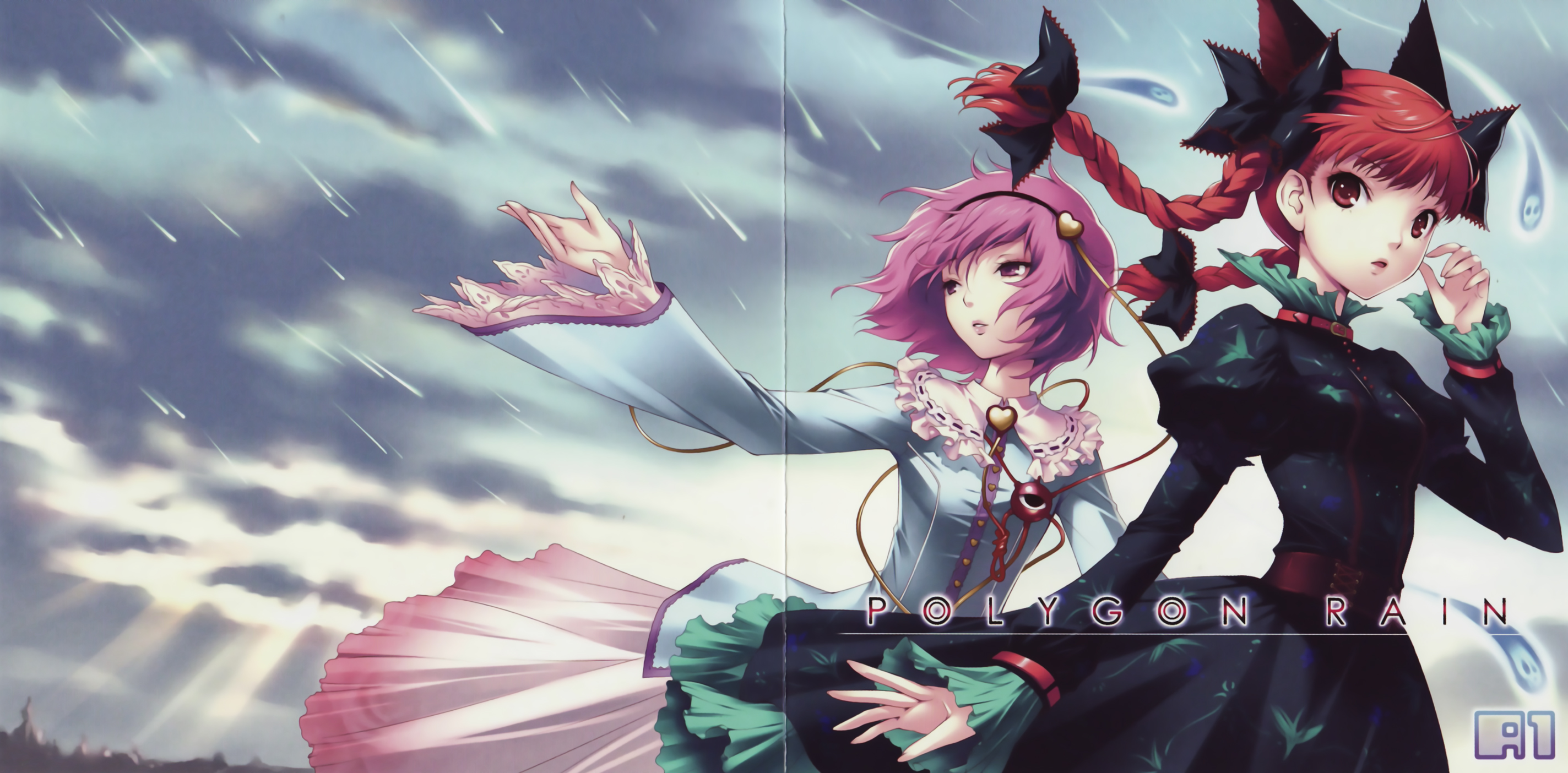 kaenbyou rin, komeiji satori, touhou, highres, long image, non-web source, scan, wide image, 2girls, braid, choker, cloud, crease, day, dress, female focus, gradient background, hair ribbon, hairband, light rays, multiple girls, outdoors, purple eyes, purple hair, rain, red eyes, red hair, ribbon, short hair, sky, sunbeam, sunlight, twin braids, wind