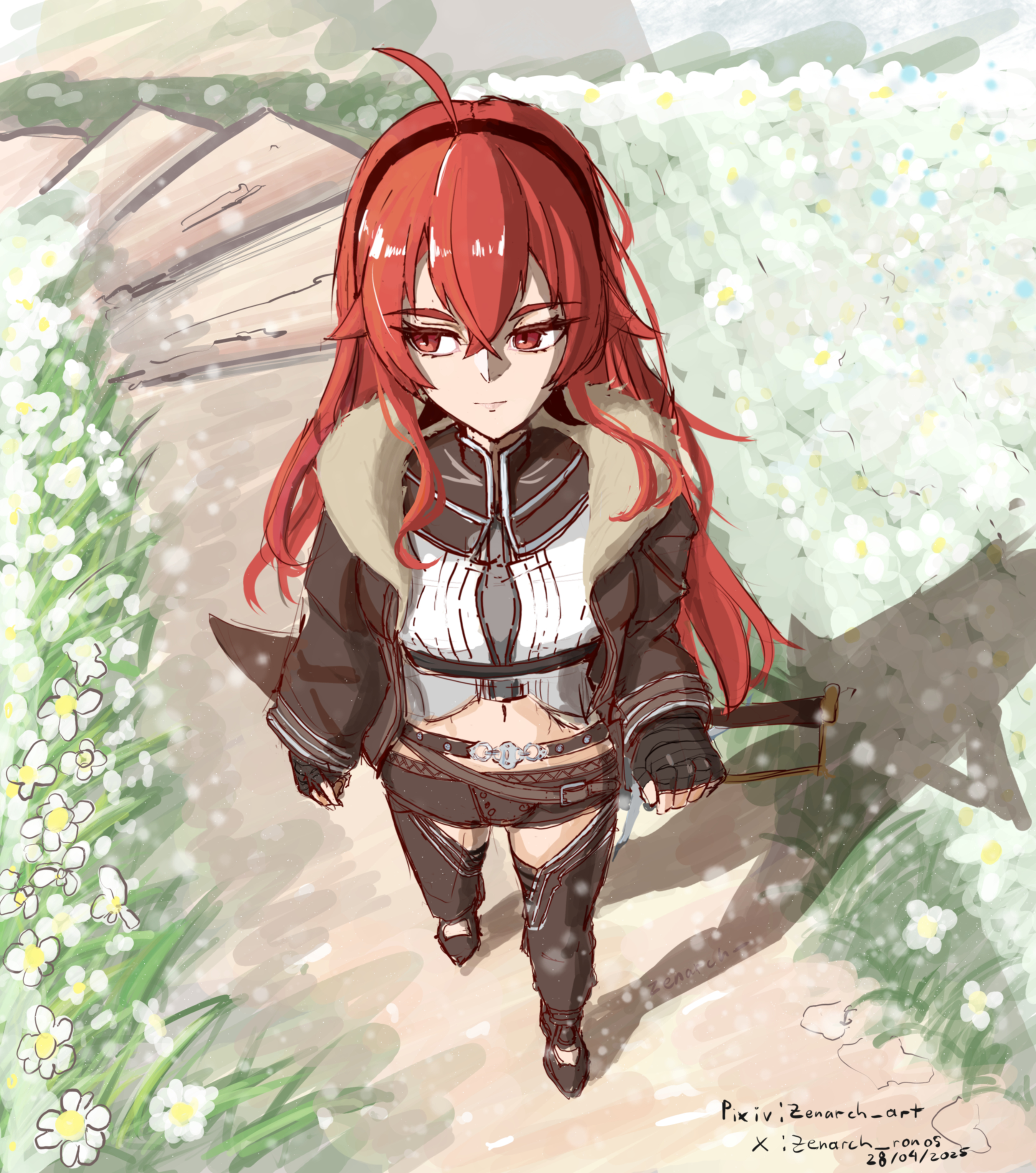 mushoku tensei, absurdres, highres, 1girl, ahoge, arciel (nijuyon zen), field, fingerless gloves, flower, flower field, from above, fur-trimmed jacket, fur trim, gloves, hand on hilt, jacket, looking to the side, midriff, path, red eyes, red hair, road, shadow, sheath, sheathed, solo, tiara, white flower