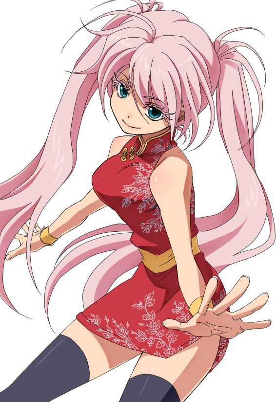 ntm, original, bad id, bad pixiv id, china dress, chinese clothes, dress, green eyes, pink hair, solo, thighhighs, twintails