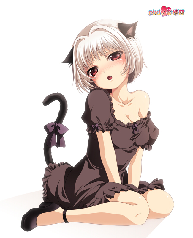 jyuru, original, 1girl, animal ears, bare shoulders, blush, bow, breasts, cat ears, cat tail, cleavage, fang, female focus, high heels, kneeling, legs, medium breasts, red eyes, shoes, short hair, sitting, solo, tail, white hair