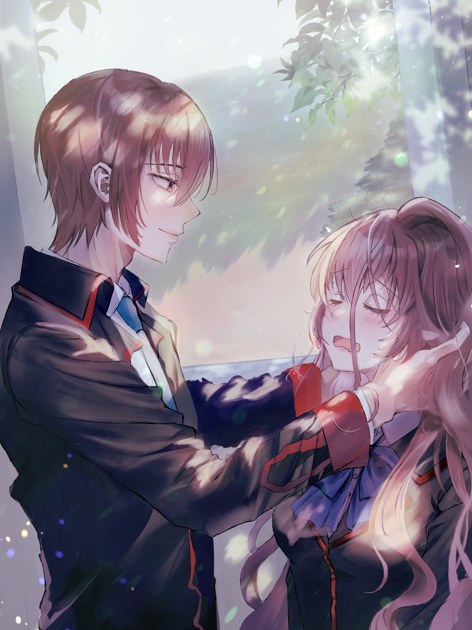 miiizuno lbs, a-chan (little busters!), natsume kyousuke, little busters!, absurdres, commentary request, highres, 1boy, 1girl, black jacket, blue bow, blue bowtie, blue necktie, blush, bow, bowtie, breasts, brown eyes, brown hair, closed eyes, closed mouth, collared shirt, dappled sunlight, day, eyelashes, facing another, from side, furrowed brow, hair between eyes, hand in another's hair, hands up, hetero, holding another's hair, indoors, jacket, large breasts, long hair, long hair between eyes, long sleeves, looking at another, messy hair, necktie, open mouth, shirt, short hair, smile, sunlight, tsurime, upper body, very long hair, wavy mouth, white shirt, window