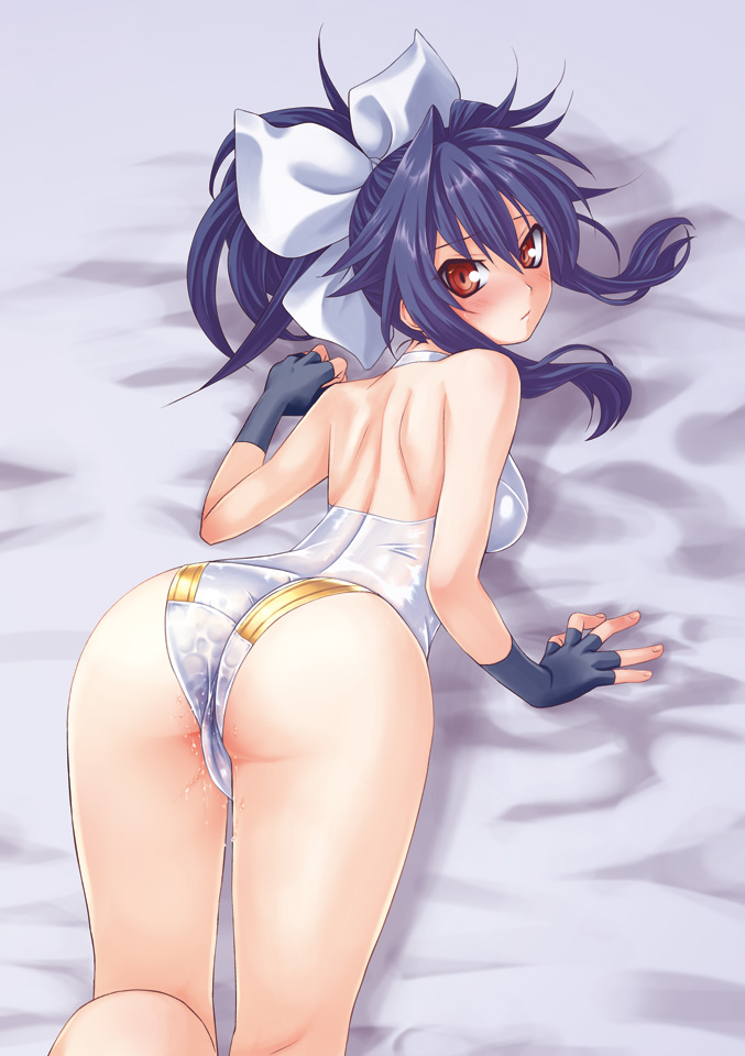 hikabe sakuho, yuuyami no mikazuki, shinrabanshou, 1girl, ass, backless outfit, bare back, bare shoulders, blue hair, blush, female focus, fingerless gloves, gloves, leotard, ponytail, pussy juice, solo