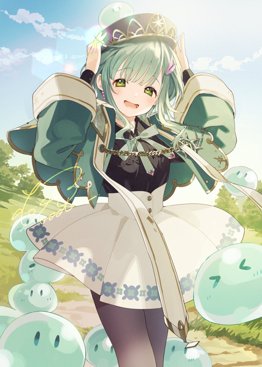 booota, original, highres, 1girl, beret, black pantyhose, black shirt, blush, collared shirt, green eyes, green hair, hair ornament, hat, high-waist skirt, jewelry, long sleeves, looking at viewer, open mouth, outdoors, pantyhose, ribbon, shirt, signature, skirt, slime (creature), smile, solo, virtual youtuber, white skirt