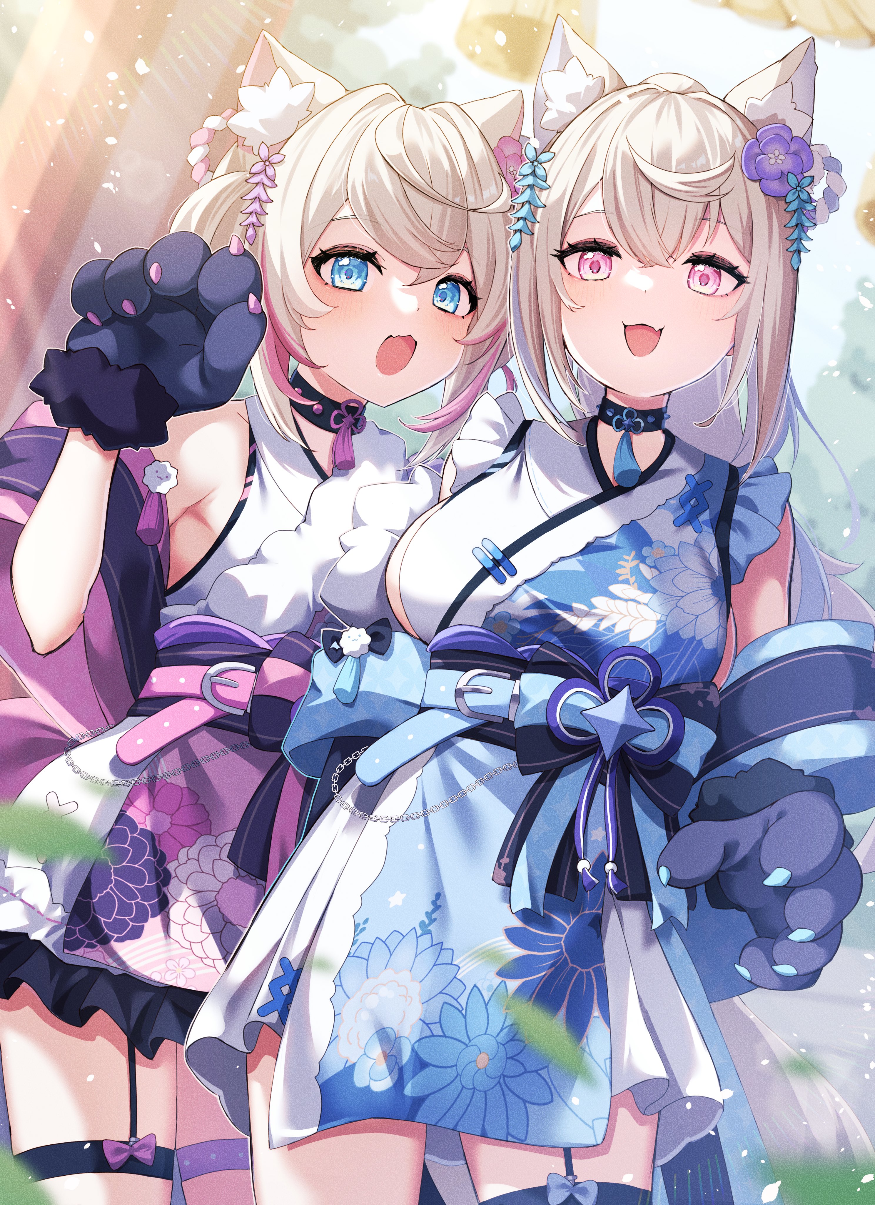 tenmon (tenmon0715), fuwawa abyssgard, fuwawa abyssgard (new year), mococo abyssgard, mococo abyssgard (new year), hololive, hololive english, absurdres, highres, 2girls, animal ear fluff, animal ears, animal hands, aqua belt, aqua eyes, aqua hair, belt, black choker, blonde hair, blue kimono, blush, breasts, choker, detached sleeves, dog ears, dog girl, floral print, flower, garter straps, gloves, hair between eyes, hair flower, hair ornament, japanese clothes, kimono, long hair, long sleeves, looking at viewer, medium breasts, multicolored hair, multiple girls, official alternate costume, official alternate hairstyle, open mouth, paw gloves, pink belt, pink eyes, pink hair, pink kimono, siblings, sisters, sleeveless, sleeveless kimono, smile, twins, white kimono