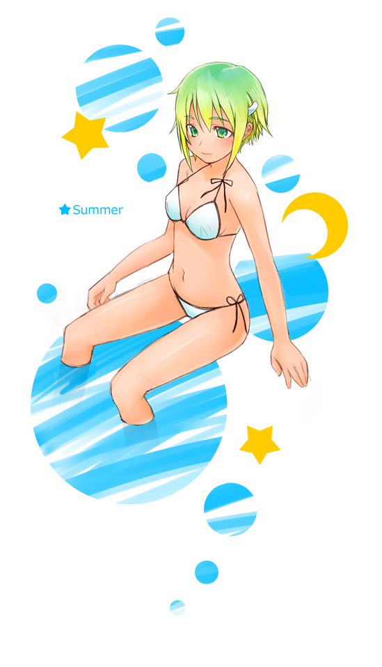 h (158cm), original, 1girl, bikini, breasts, cleavage, female focus, green eyes, green hair, matching hair/eyes, medium breasts, short hair, sitting, soaking feet, solo, swimsuit, water, white bikini