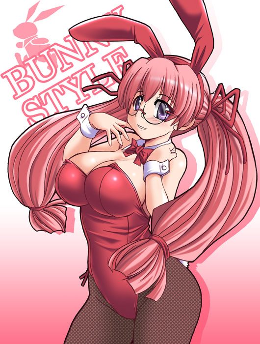 tonpuu, log-mi (tonpuu), original, 1girl, animal ears, breasts, cleavage, cowboy shot, detached collar, fake animal ears, female focus, fishnet pantyhose, fishnets, glasses, gradient background, huge breasts, long hair, low-tied long hair, pantyhose, pink hair, pink theme, playboy bunny, rabbit ears, round eyewear, solo, twintails