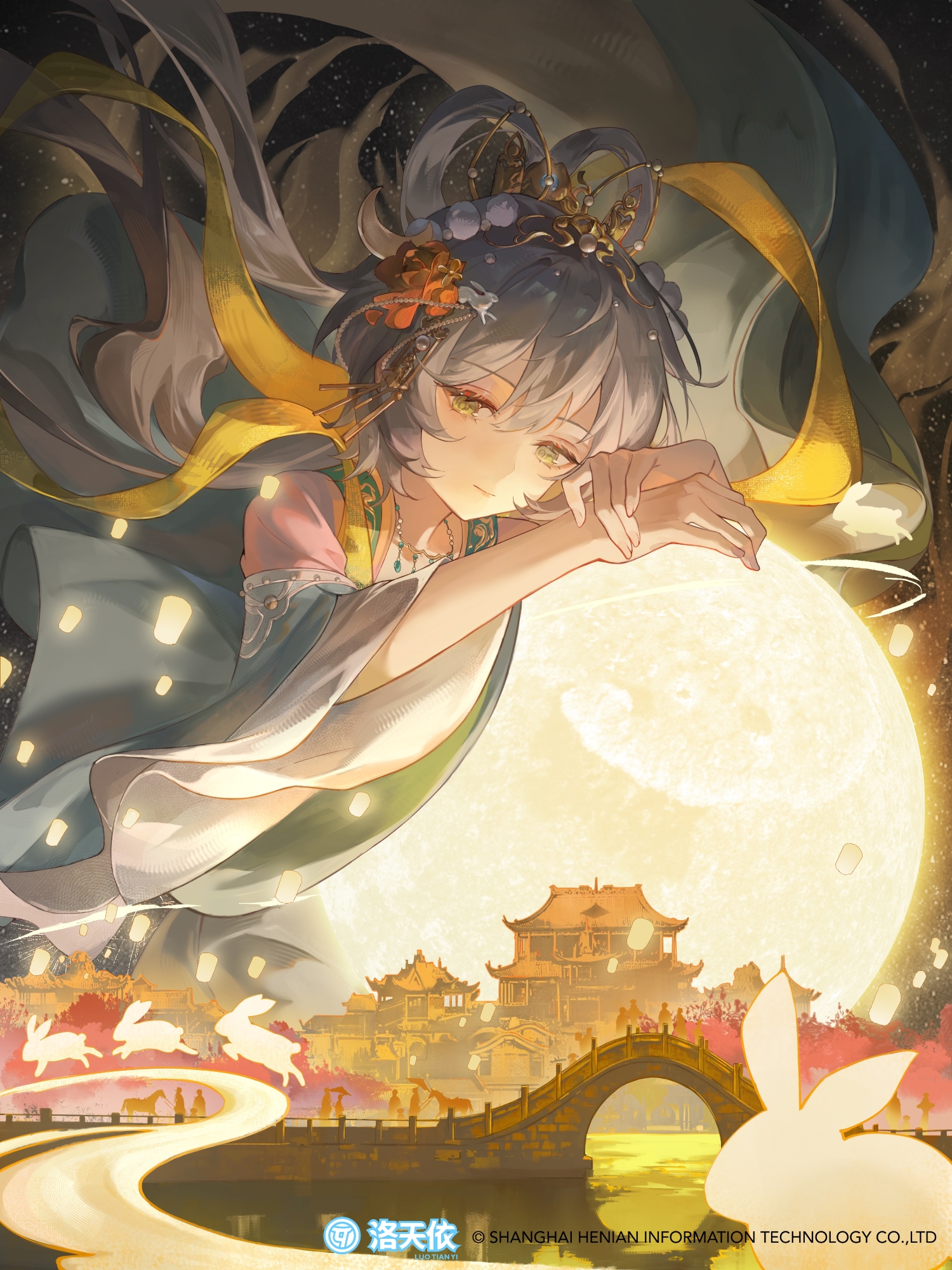 luo tianyi, vocaloid, vsinger (vocaloid), highres, 1girl, architecture, bird, building, chinese clothes, closed mouth, east asian architecture, flower, full moon, green eyes, grey hair, hagoromo, hair flower, hair ornament, hair rings, hanfu, huge moon, jewelry, lantern, long hair, looking at viewer, moon, necklace, night, night sky, orange flower, outdoors, paper lantern, shawl, sky, solo, star (sky), wide sleeves