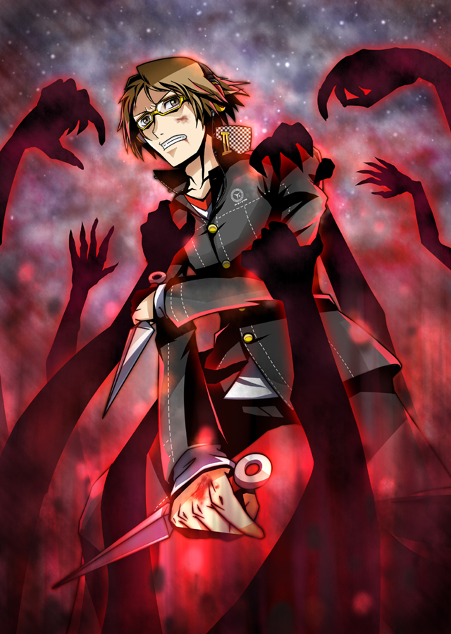 c (neta), magukappu, hanamura yousuke, atlus, persona, persona 4, 1boy, blood, brown hair, clenched teeth, disembodied hand, extra arms, gakuran, glasses, kunai, long sleeves, looking at viewer, male focus, monster, scared, school uniform, shadow, silhouette, solo, standing, sweatdrop, teeth, weapon