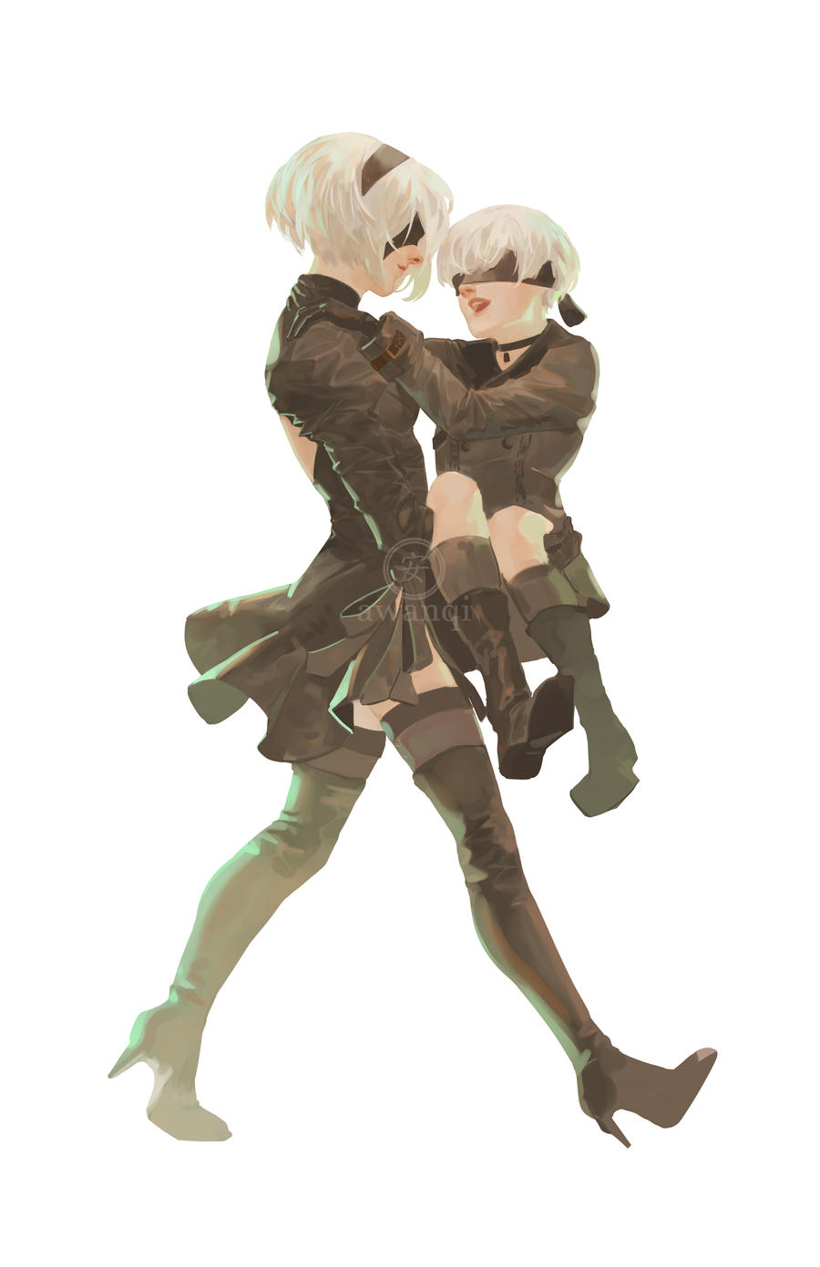 awanqi, 2b (nier:automata), 9s (nier:automata), nier:automata, nier (series), highres, 1boy, 1girl, black boots, black dress, black gloves, black hairband, boots, carrying, carrying person, covered eyes, dress, gloves, hairband, long sleeves, open mouth, princess carry, reverse princess carry, smile, white hair