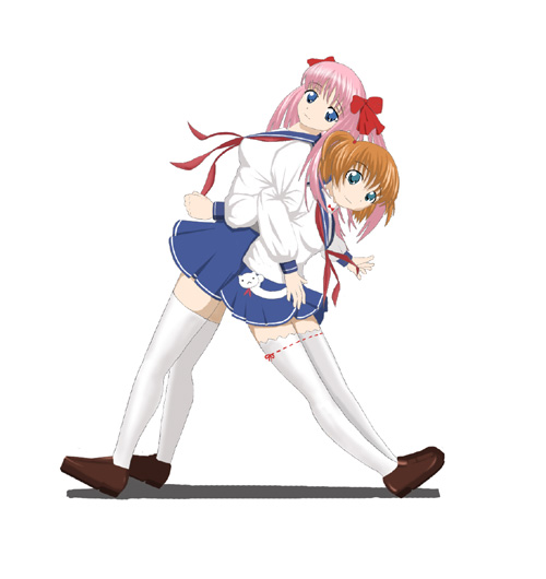takotako60, haramura nodoka, kataoka yuuki, saki (manga), bad id, bad pixiv id, 00s, 2girls, back-to-back, blue eyes, breasts, long hair, medium breasts, multiple girls, pink hair, school uniform, serafuku, short hair, thighhighs, twintails, two side up