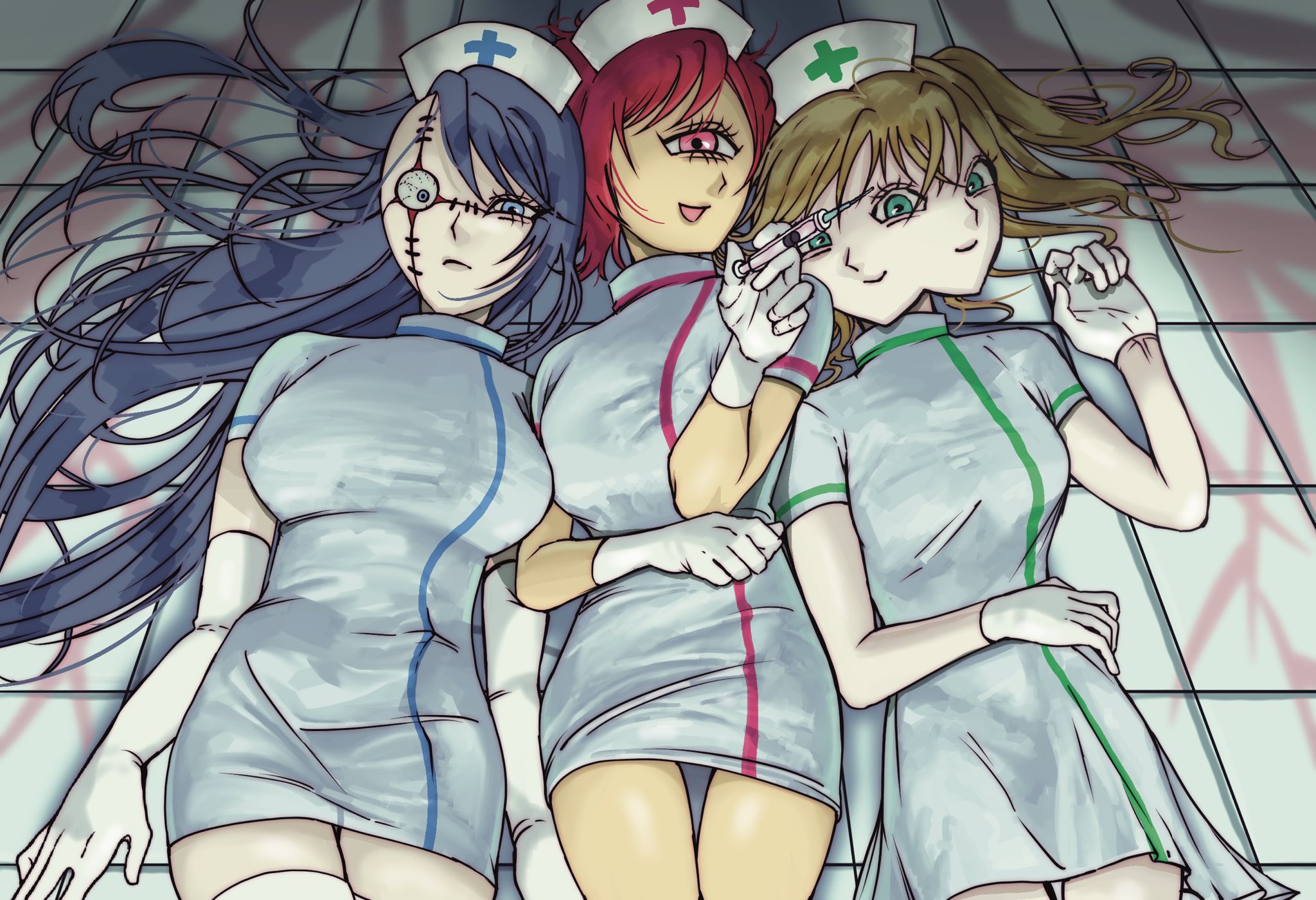 ichigou (ikigusare), nigou (ikigusare), sangou (ikigusare), ikigusare, highres, 3girls, asymmetrical hair, blue eyes, blue hair, blue trim, breasts, brown hair, closed mouth, cross scar, cyclops, dg3fd, dress, elbow gloves, extra eyes, extra mouth, gloves, green eyes, green trim, hat, holding, holding syringe, large breasts, long hair, looking at viewer, lying, medium breasts, monster girl, multiple girls, nurse, nurse cap, on back, on floor, one-eyed, open mouth, pink eyes, pink trim, red hair, scar, scar on face, short hair, short sleeves, smile, stitched face, stitches, swept bangs, syringe, thighhighs, tile floor, tiles, twintails, undercut, white dress, white gloves, white thighhighs