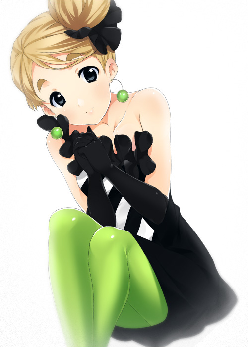 mizuki makoto, kotobuki tsumugi, don't say "lazy", k-on!, 00s, 1girl, dress, elbow gloves, female focus, gloves, gradient background, green pantyhose, hair bun, hair ribbon, pantyhose, ribbon, single hair bun, solo