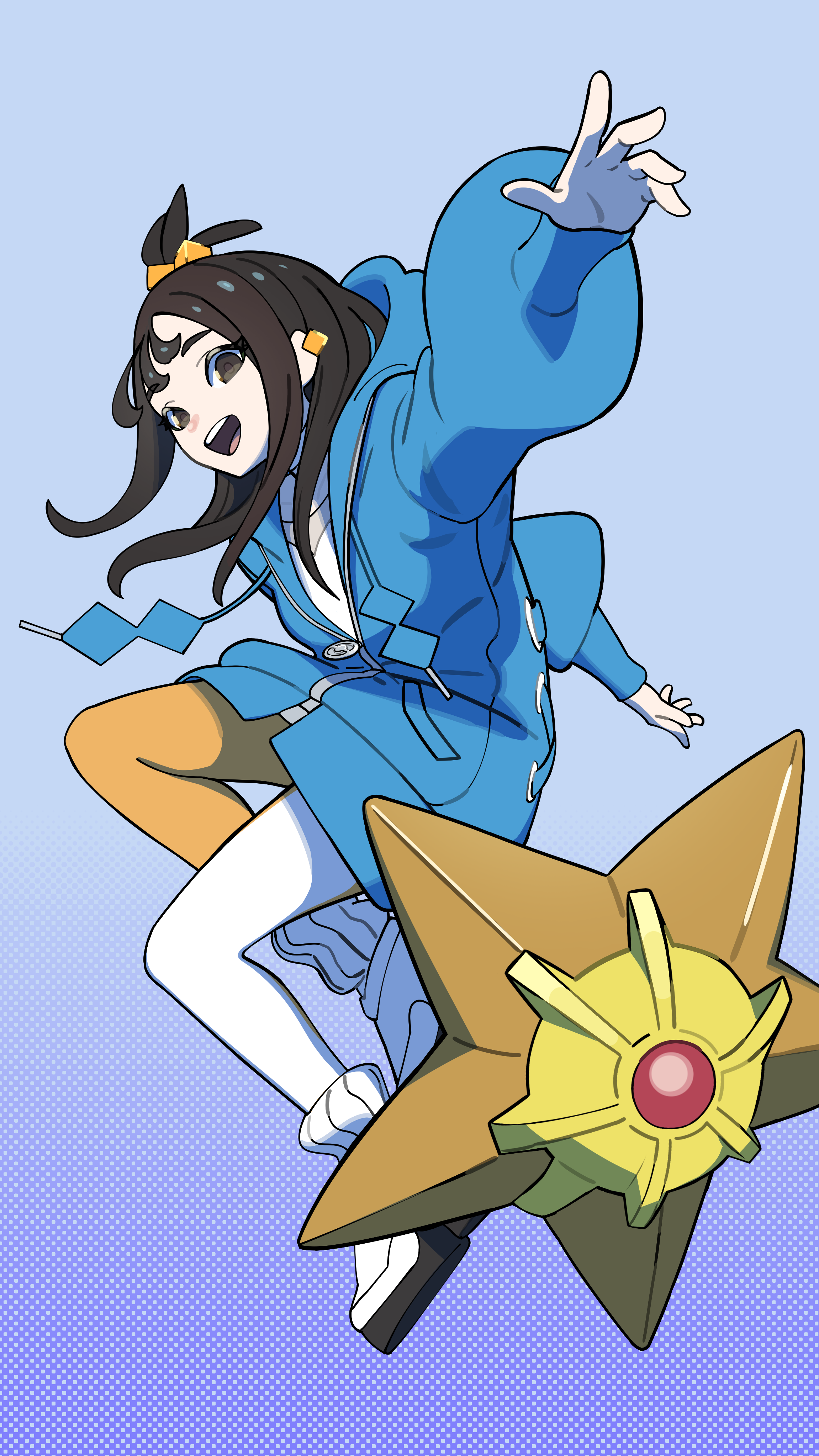 lida (pokemon), staryu, nintendo, pokemon, pokemon legends: z-a, absurdres, highres, 1girl, :d, black hair, blue hoodie, cube hair ornament, ear piercing, gen 1 pokemon, hair ornament, happy, hood, hood down, hoodie, jikon (jikooonf), leggings, long hair, long sleeves, open mouth, piercing, pokemon (creature), ribbed socks, shirt, shoes, sidelocks, smile, socks, teeth, tongue, topknot, upper teeth only, white shirt, white shoes, white socks, zipper pull tab
