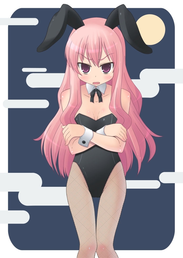 0mission, chrome, louise francoise le blanc de la valliere, zero no tsukaima, 00s, 1girl, animal ears, blush, breasts, cleavage, crossed arms, fake animal ears, female focus, fishnet pantyhose, fishnets, long hair, pantyhose, pink eyes, pink hair, playboy bunny, purple eyes, rabbit ears, small breasts, solo, thigh gap, thighs