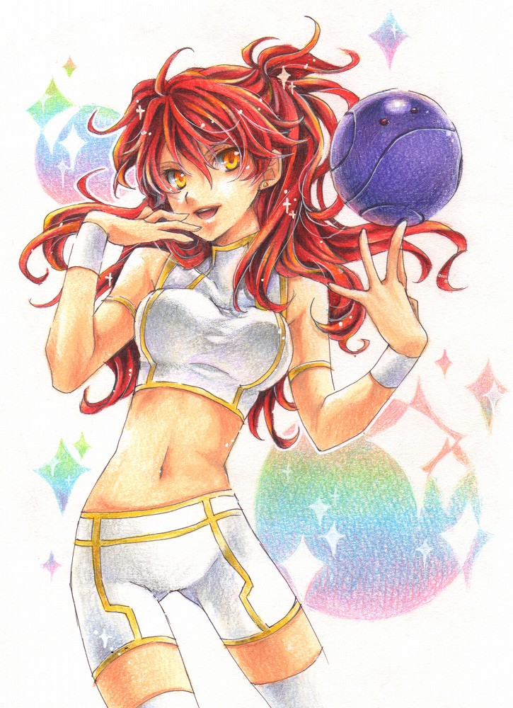 nagino hiiragi, bad haro, haro, nena trinity, gundam, gundam 00, ballpoint pen (medium), colored pencil (medium), pen (medium), traditional media, 00s, 1girl, breasts, female focus, midriff, red hair, solo, thighhighs, two side up, yellow eyes