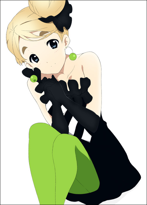 mizuki makoto, kotobuki tsumugi, don't say "lazy", k-on!, 00s, 1girl, female focus, green pantyhose, hair bun, pantyhose, simple background, single hair bun, solo