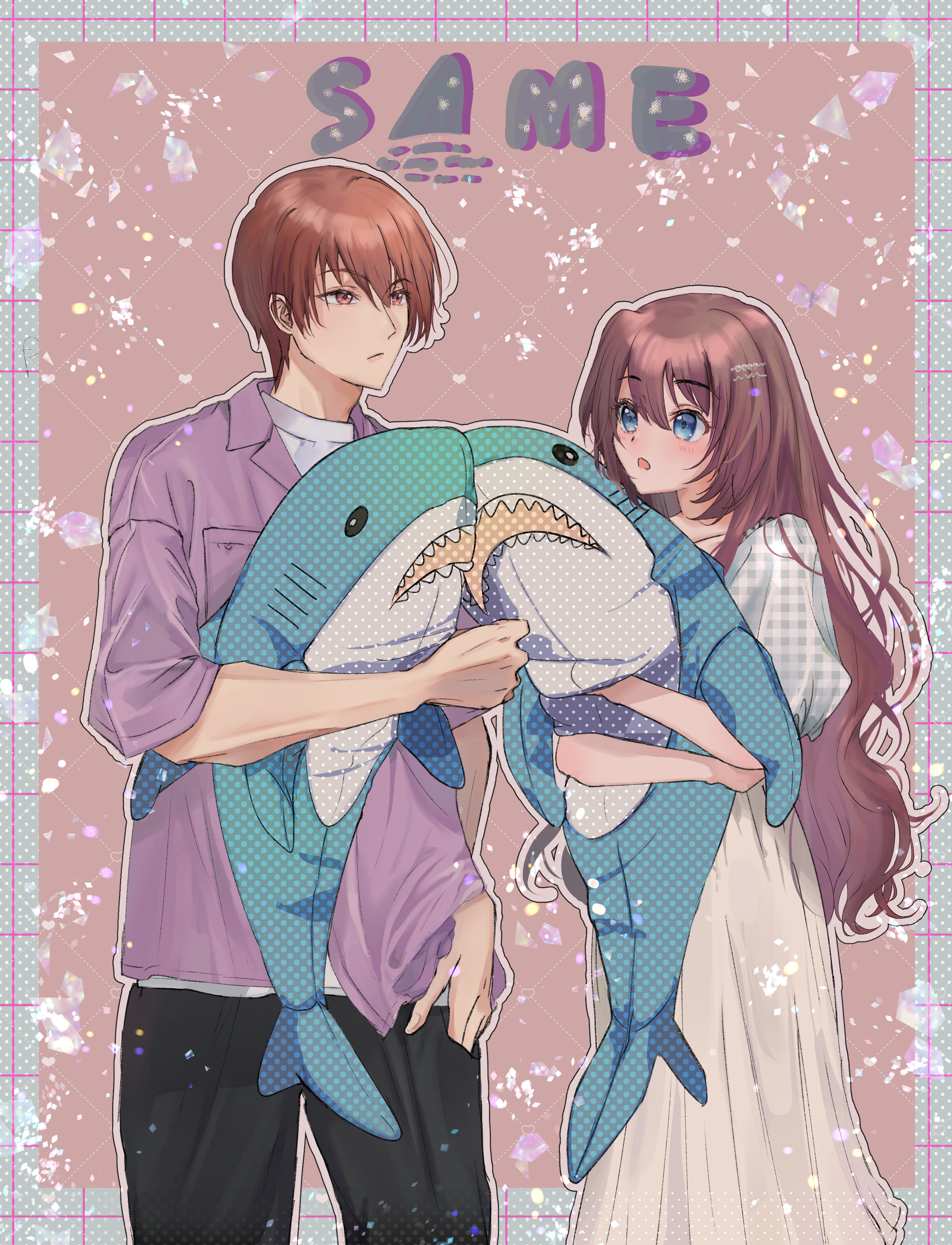 miiizuno lbs, a-chan (little busters!), ikea shark, natsume kyousuke, little busters!, absurdres, commentary request, highres, 1boy, 1girl, :o, alternate costume, black pants, blue eyes, blush, brown background, brown eyes, brown hair, casual, clenched hand, closed mouth, collared shirt, couple, cowboy shot, dress shirt, frown, hair between eyes, hair ornament, hairclip, hand in pocket, hetero, high-waist skirt, holding, holding stuffed toy, hugging object, long hair, long skirt, long sleeves, looking at another, open mouth, outline, outside border, pants, parallel hairclips, pleated skirt, puffy short sleeves, puffy sleeves, purple shirt, romaji text, shirt, short hair, short sleeves, simple background, skirt, stuffed animal, stuffed shark, stuffed toy, tareme, tsurime, very long hair, white outline, white skirt