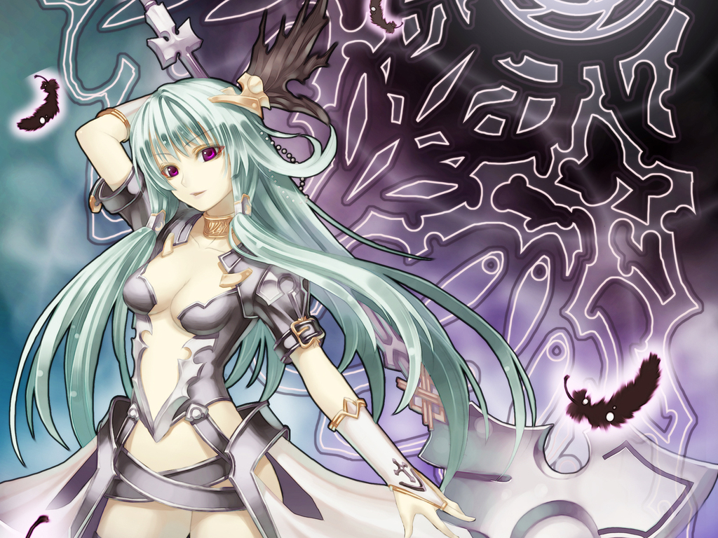 tagme, 1girl, aqua hair, arm up, armor, armored dress, axe, battle axe, black background, black feathers, blue background, breasts, center opening, choker, cleavage, collarbone, cowboy shot, dress, elbow gloves, fantasy, feathers, female focus, fingerless gloves, gloves, gradient background, green hair, hair ornament, hair tubes, holding, holding weapon, huge weapon, jewelry, long hair, looking at viewer, medium breasts, midriff, no bra, no panties, parted lips, purple background, purple eyes, red eyes, revealing clothes, smile, solo, standing, thighs, very long hair, weapon