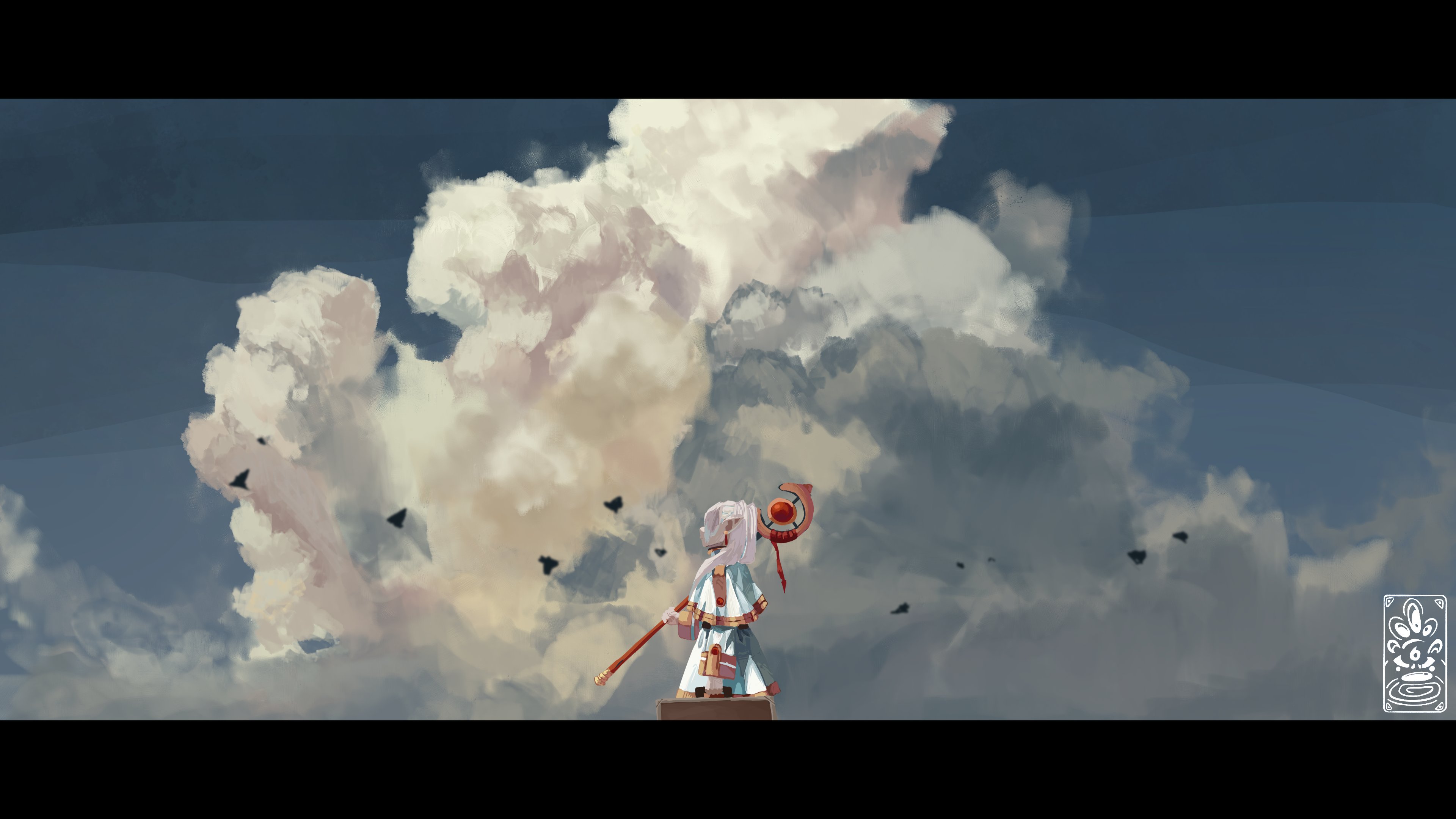 frieren, sousou no frieren, absurdres, highres, 1girl, capelet, cloud, cloudy sky, dress, earrings, elf, gold trim, holding, holding staff, jewelry, jolseon, letterboxed, long hair, long sleeves, mage staff, outdoors, pointy ears, sky, solo, staff, standing, twintails, white capelet, white dress, white hair