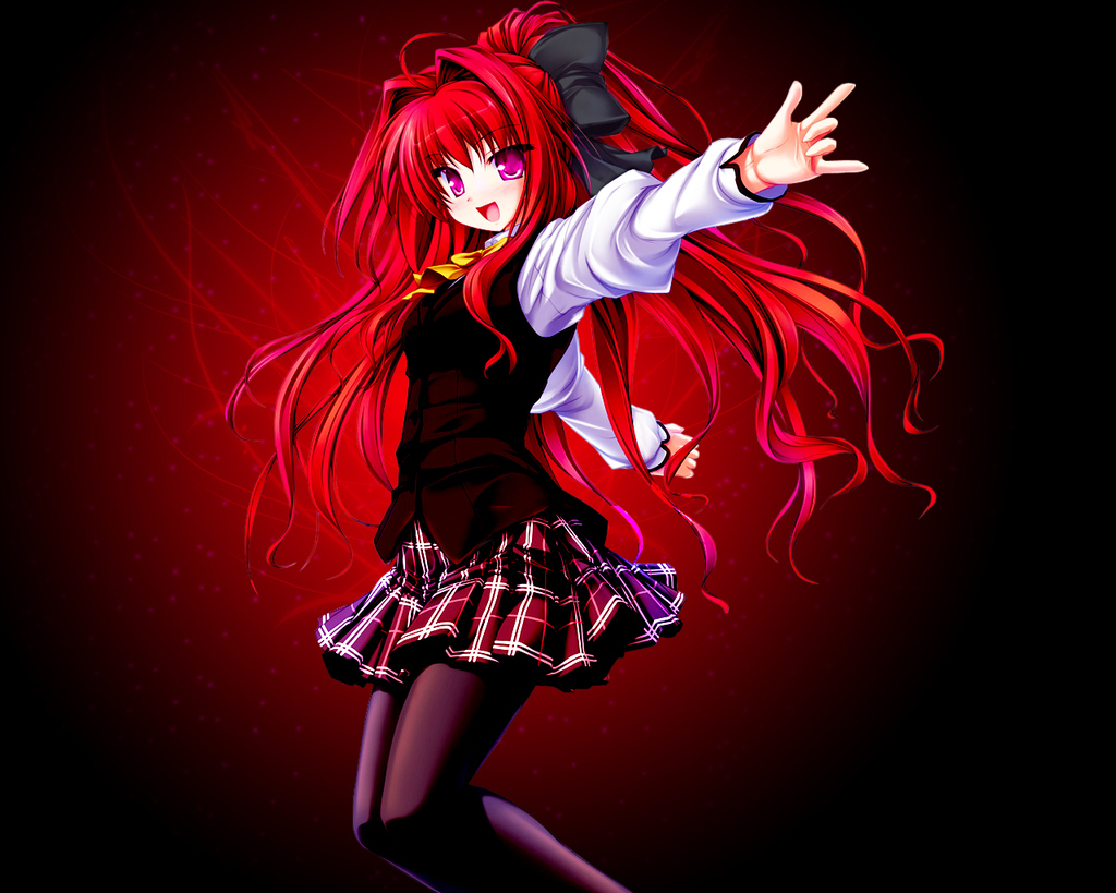 corticarte apa lagranges, shinkyoku soukai polyphonica, 1girl, ahoge, bow, female focus, floating hair, hair bow, hair intakes, long hair, long sleeves, looking at viewer, miniskirt, open mouth, outstretched arm, plaid clothes, plaid skirt, ponytail, red background, red eyes, red hair, ribbon, skirt, smile, solo, vest