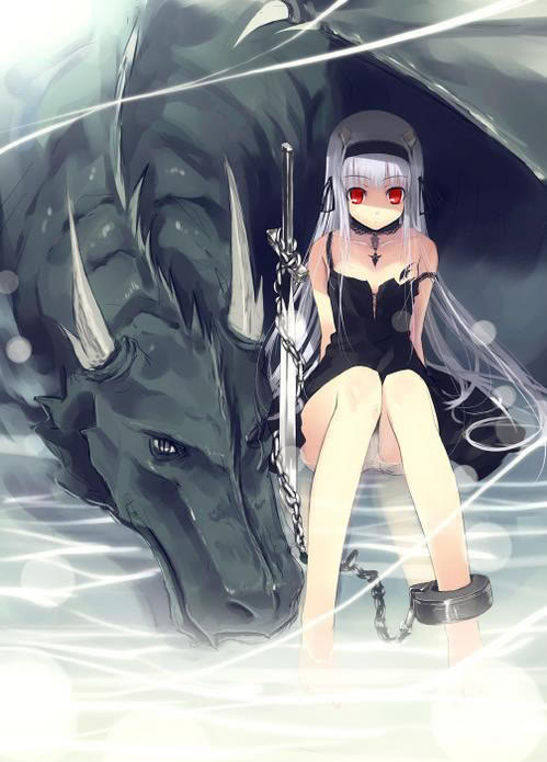 tagme, ankle chain, black dress, dragon, dress, long hair, red eyes, sitting