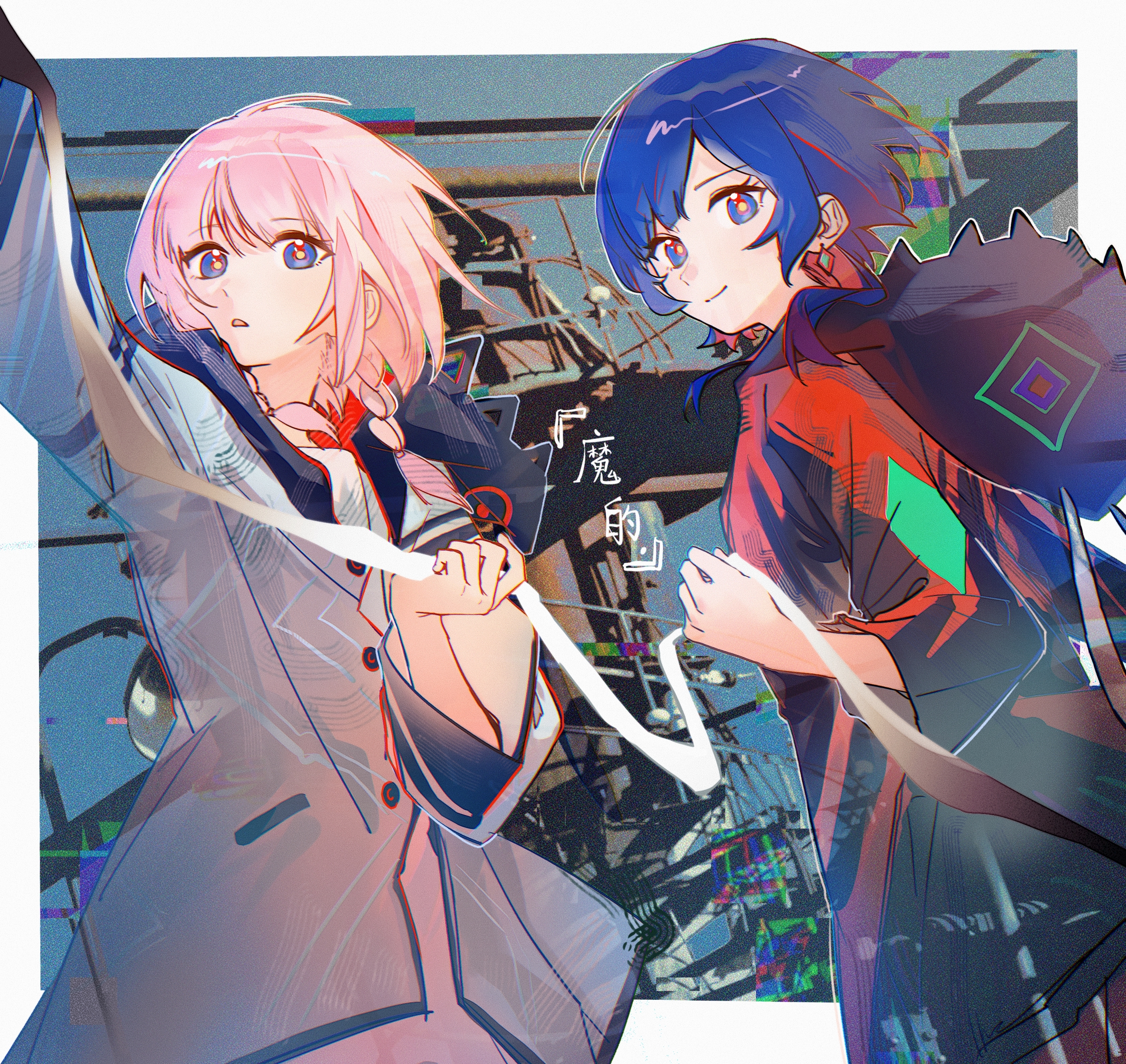 maplebyebye, kaf (kamitsubaki studio), rim (kamitsubaki studio), kamitsubaki studio, absurdres, chinese commentary, commentary request, highres, translation request, 2girls, arm up, blue eyes, blue hair, blue jacket, braid, closed mouth, colored inner hair, diamond earrings, dress, earrings, grey jacket, holding, holding ribbon, hood, hood down, hooded jacket, jacket, jewelry, long hair, looking at viewer, multicolored hair, multicolored jacket, multiple girls, open clothes, open jacket, parted lips, pink hair, red hair, red jacket, ribbon, short hair, smile, twin braids, two-tone hair, two-tone jacket, virtual youtuber, white dress, wide sleeves, yellow pupils