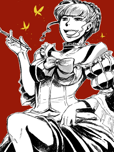 zutami, beatrice (umineko), umineko no naku koro ni, bad id, bad pixiv id, 00s, 1girl, bug, butterfly, choker, dress, female focus, insect, kiseru, smoking pipe, solo