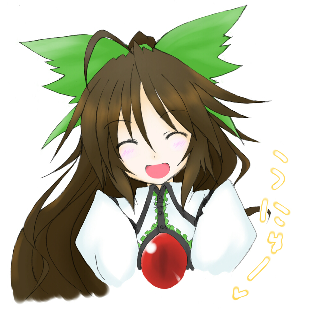 eku, reiuji utsuho, touhou, bad id, bad pixiv id, translated, 1girl, :d, ^ ^, blush, brown hair, closed eyes, female focus, happy, long hair, open mouth, ribbon, smile, solo, unyu