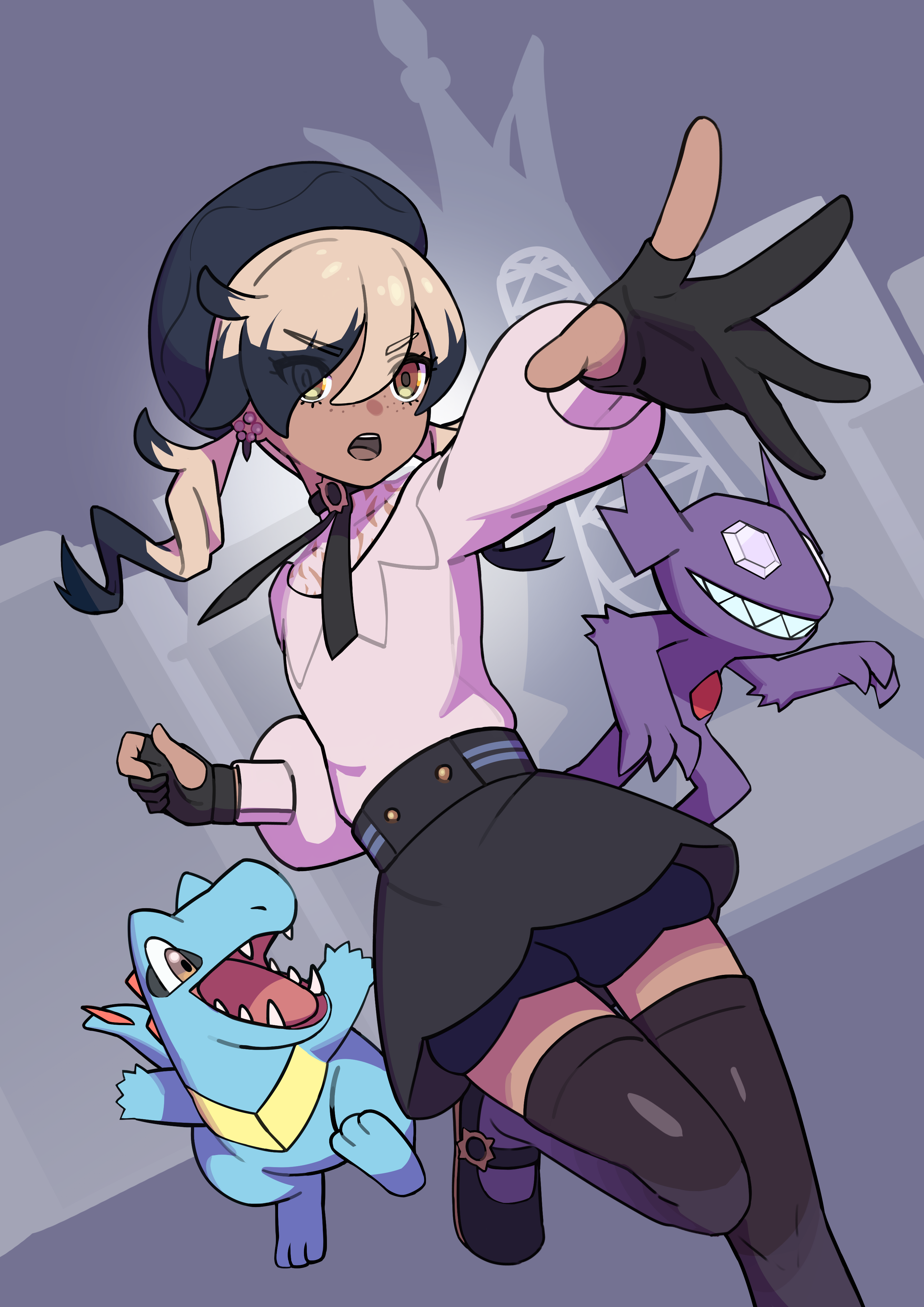 sableye, totodile, nintendo, pokemon, pokemon legends: z-a, absurdres, commentary, highres, 1girl, :o, black gloves, black hat, black ribbon, black shoes, black skirt, blonde hair, brown eyes, brown thighhighs, earrings, eyelashes, gen 2 pokemon, gen 3 pokemon, gloves, hair between eyes, hat, jewelry, jikon (jikooonf), leg up, long sleeves, multicolored hair, neck ribbon, open mouth, partially fingerless gloves, pink sweater, pokemon (creature), ribbon, shoes, shorts, shorts under skirt, skirt, spread fingers, sweater, teeth, thighhighs, tongue, twintails, two-tone hair, upper teeth only